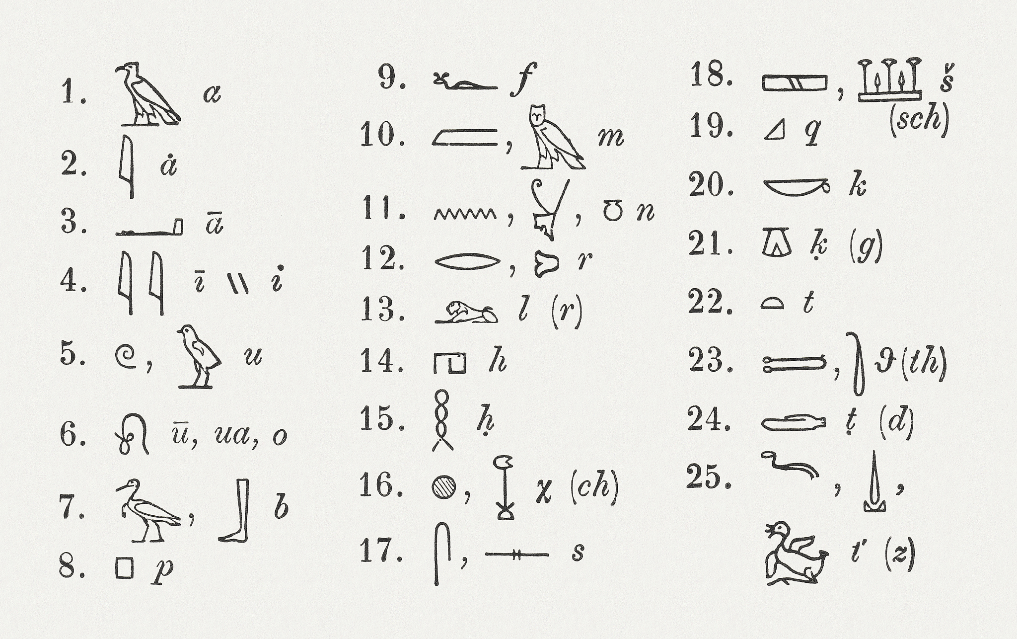 egyptian hieroglyphic alphabet, wood engraving, published in 187