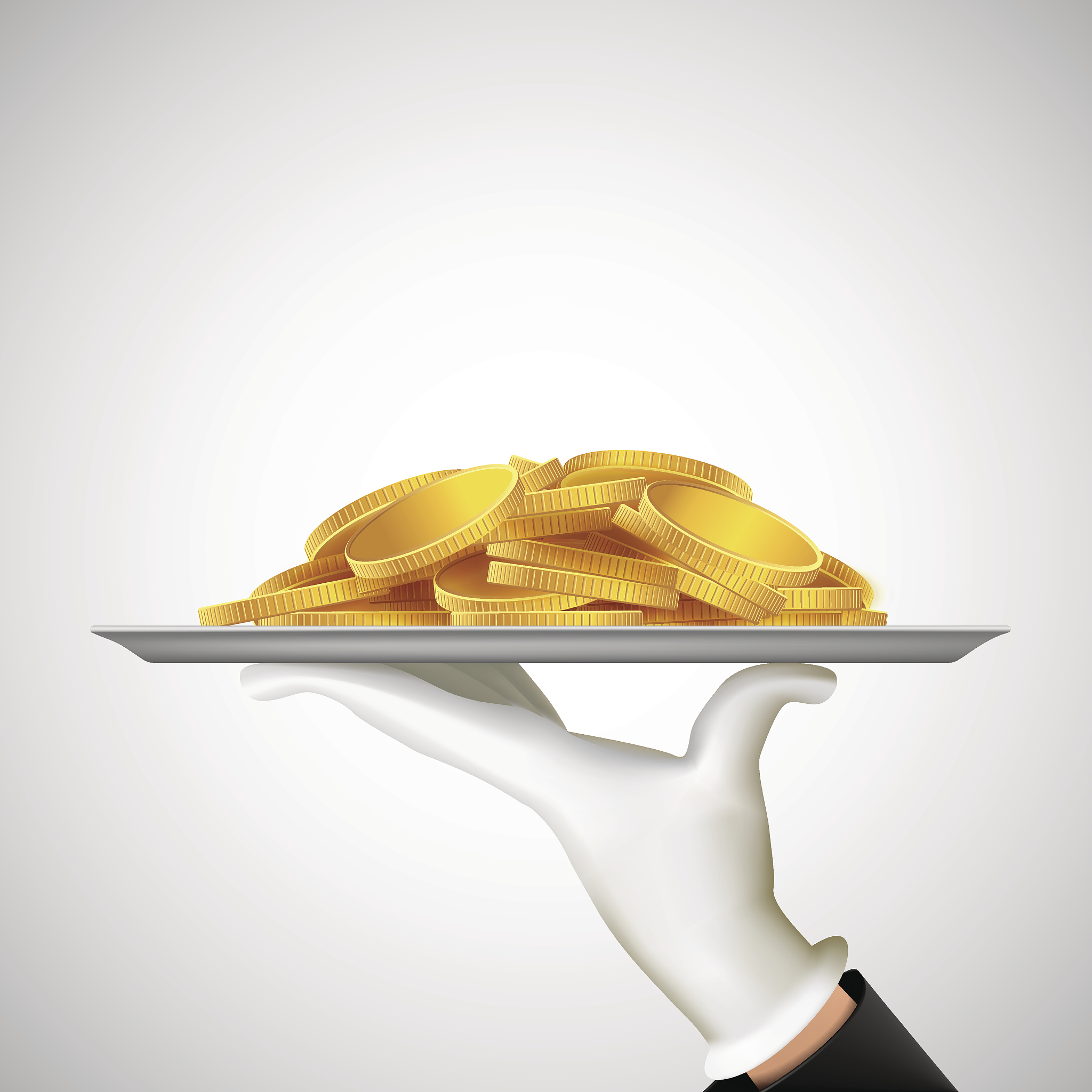 human hand holding a tray with gold coins.