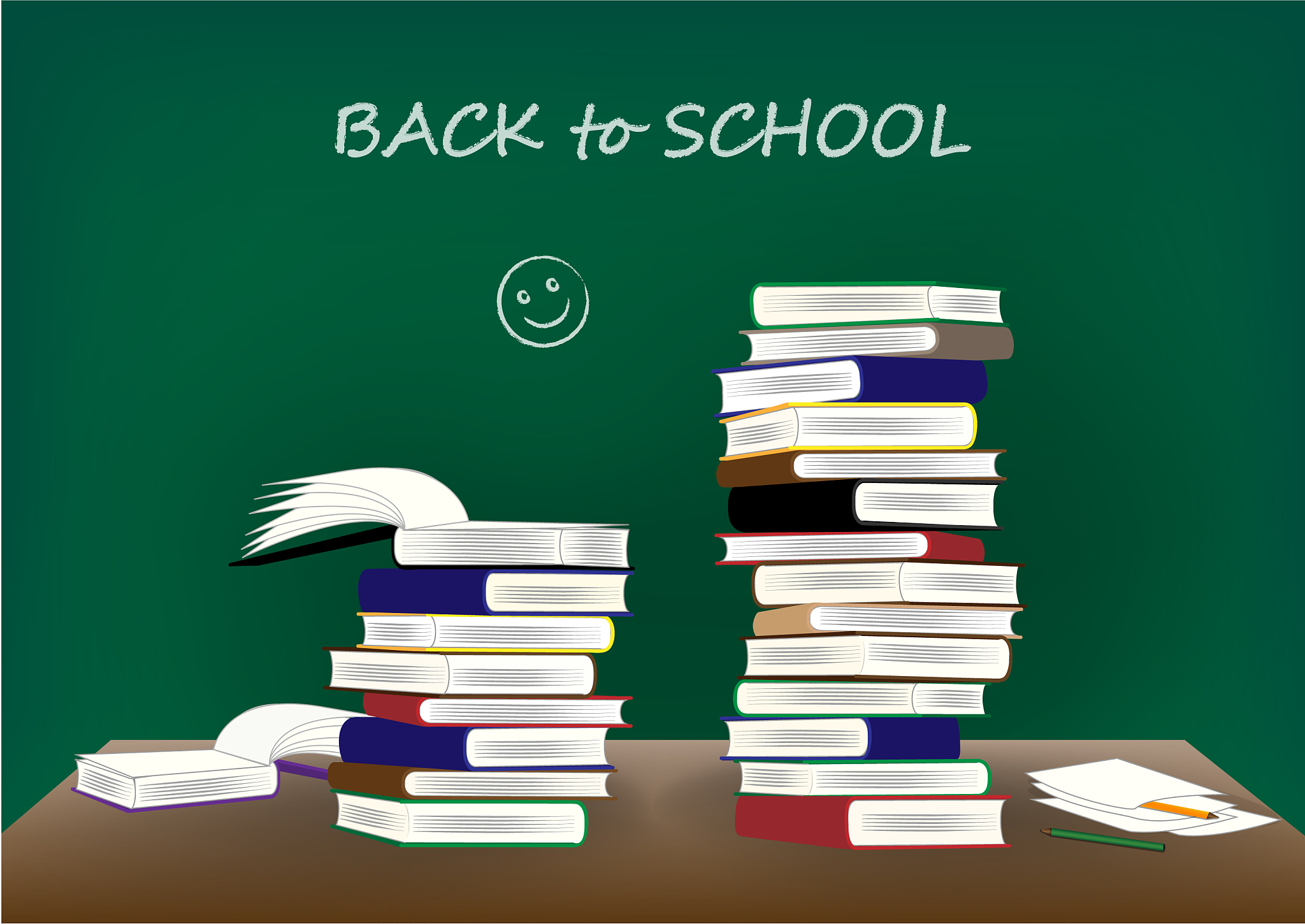 back to school text many books on desk on a