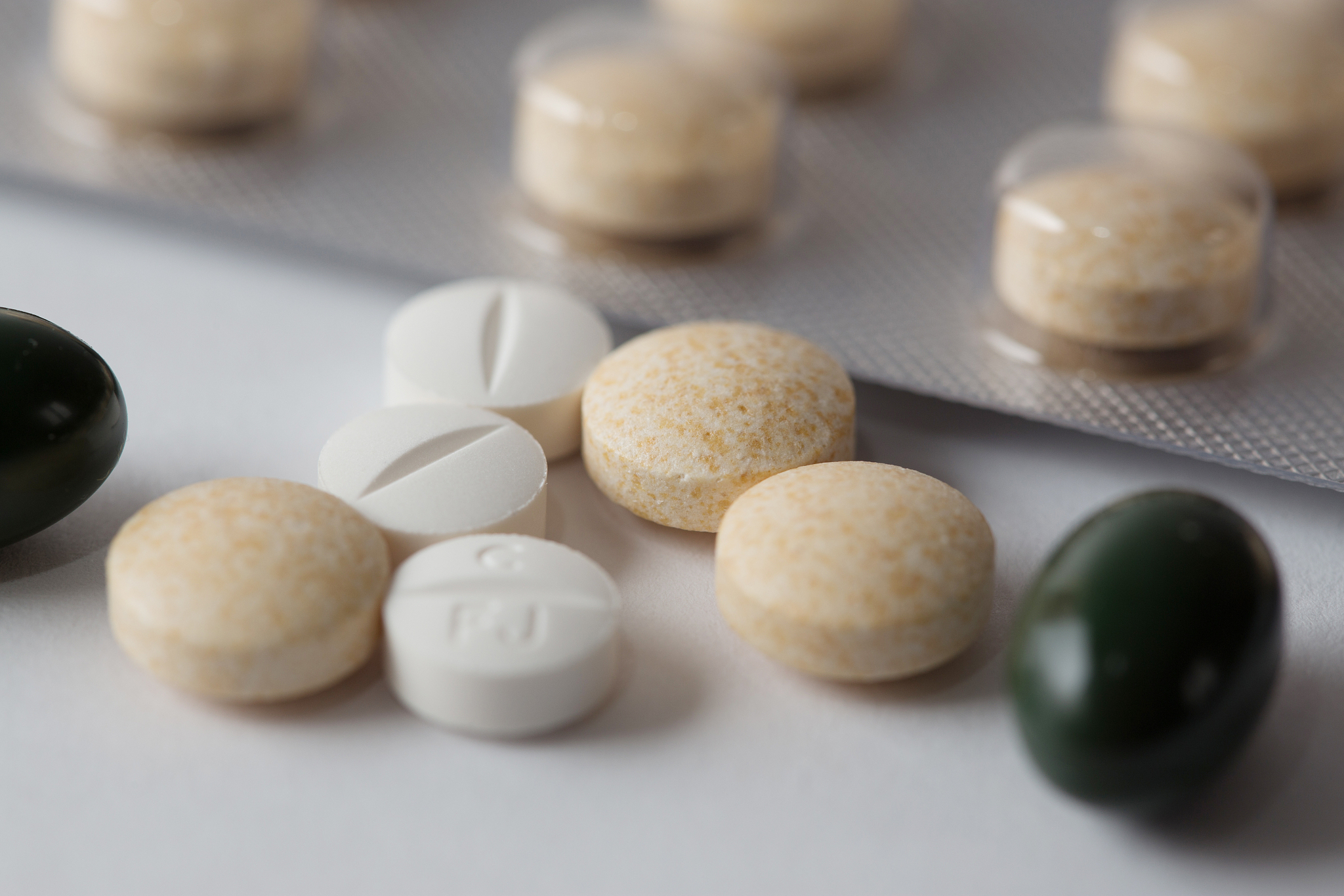 close-up of pharmaceutical medicine pills, different type of pil