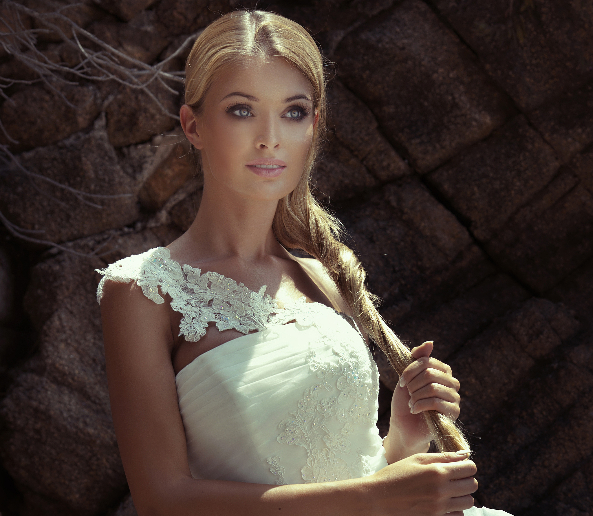 Cinematic Angel with Dark Hair, White Dress & Golden Jewels