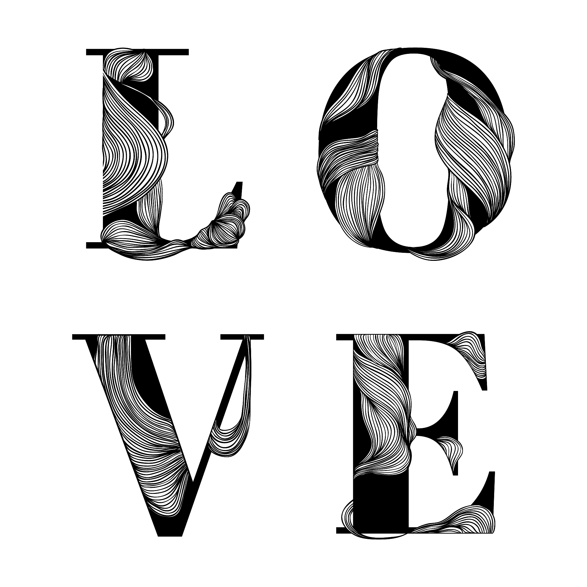 love characters, black and white line art ink drawing