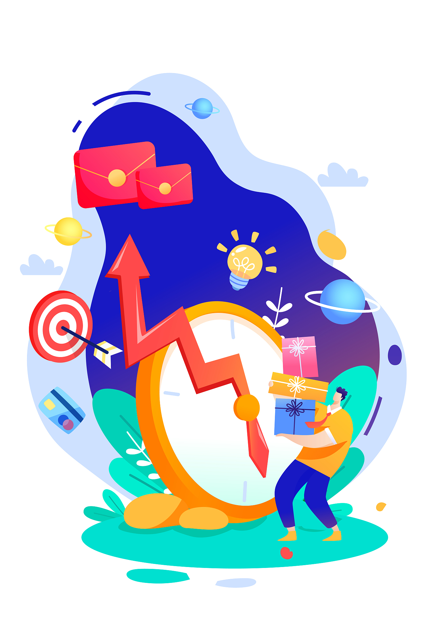 卡通购物街红包抽奖互联网金融办公背景矢量插画