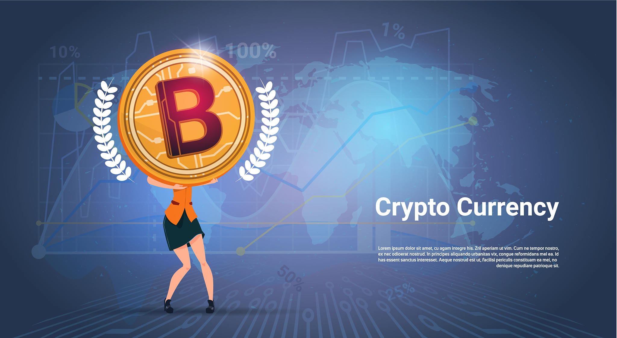 crypto currency banner woman holding golden