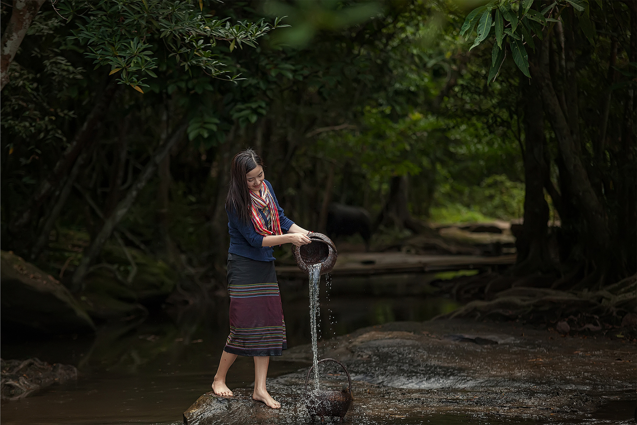 asia women with nature in the rainy season