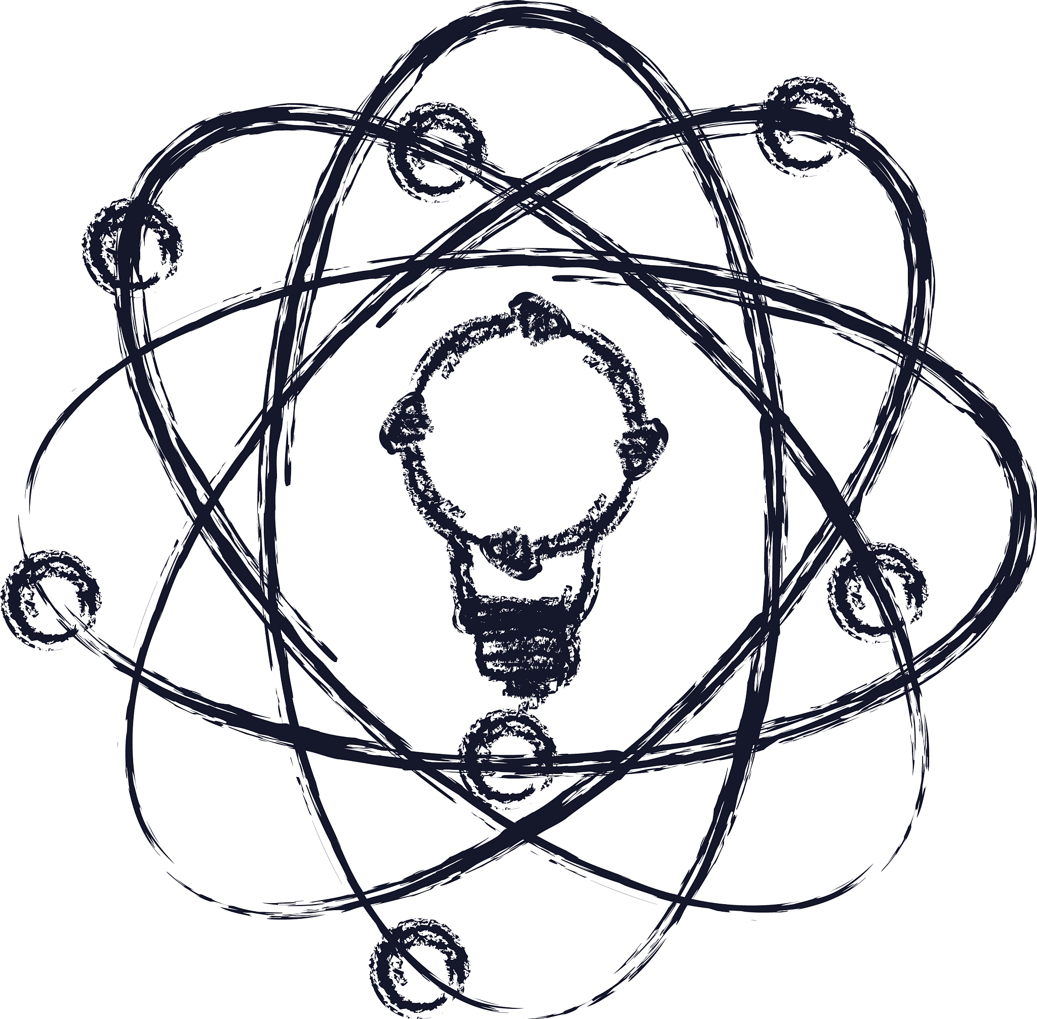 light bulb and atom around icon in blurred