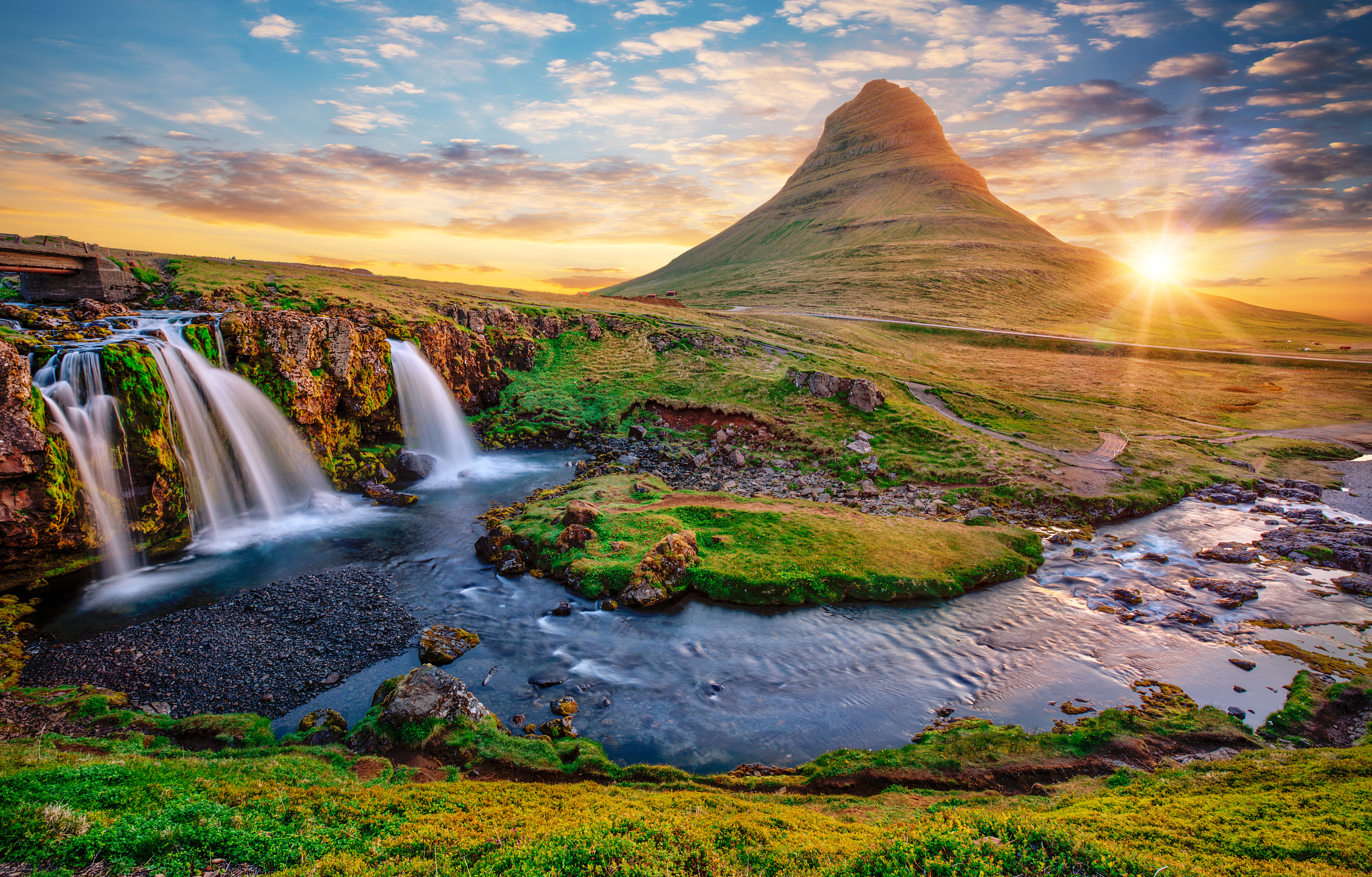 beautiful landscape with sunrise on kirkjufellsfoss waterfall an