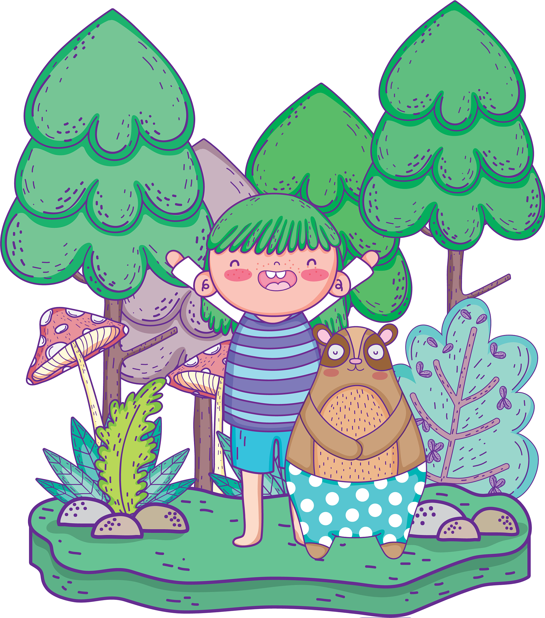 little bear teddy with girl in the landscape