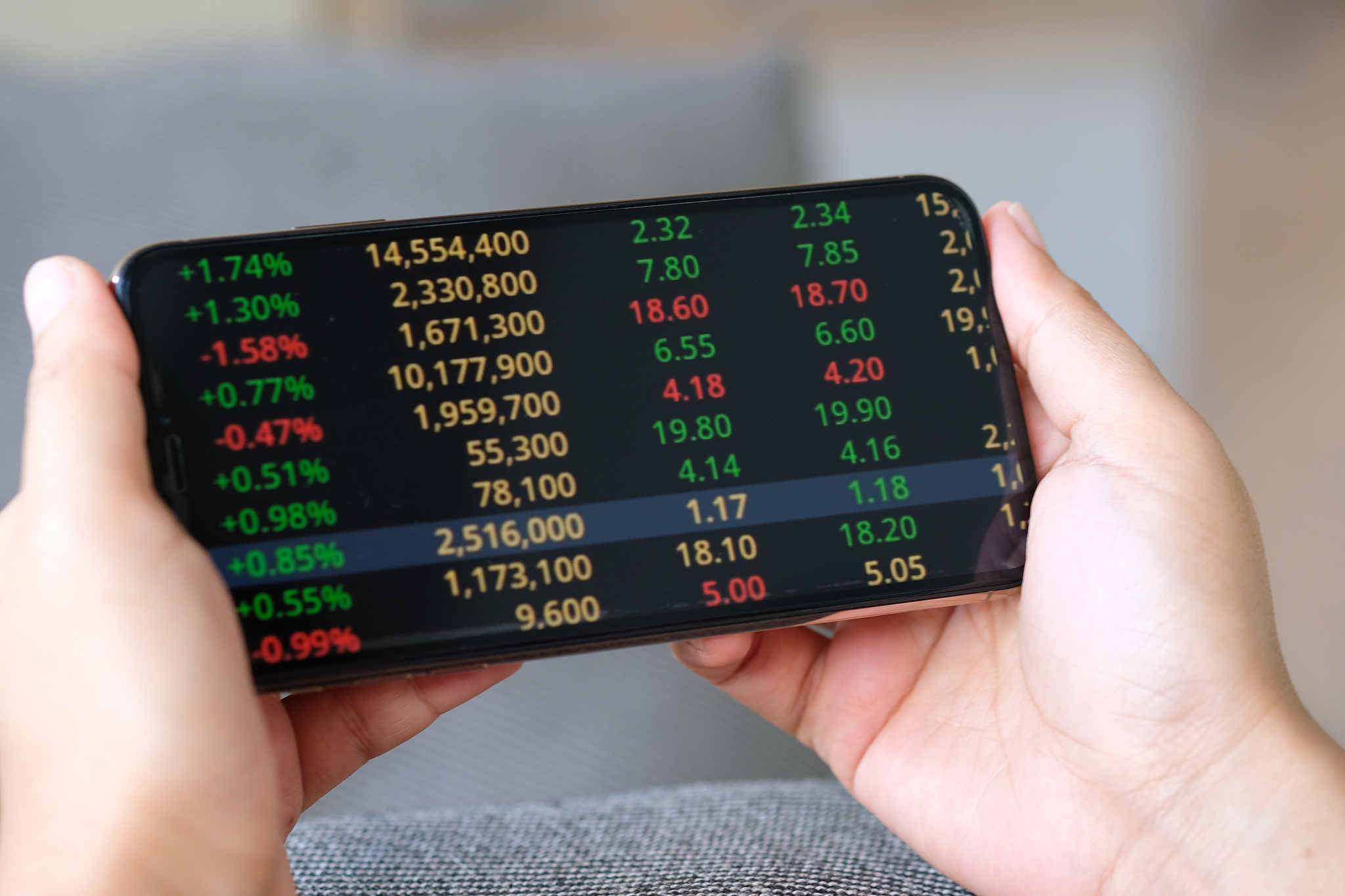 a woman using a smartphone checks the stock market . concept of 