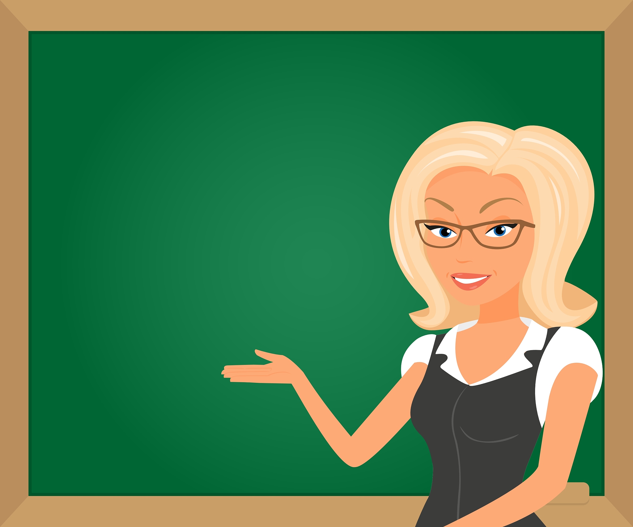 blonde teacher showing something on green board