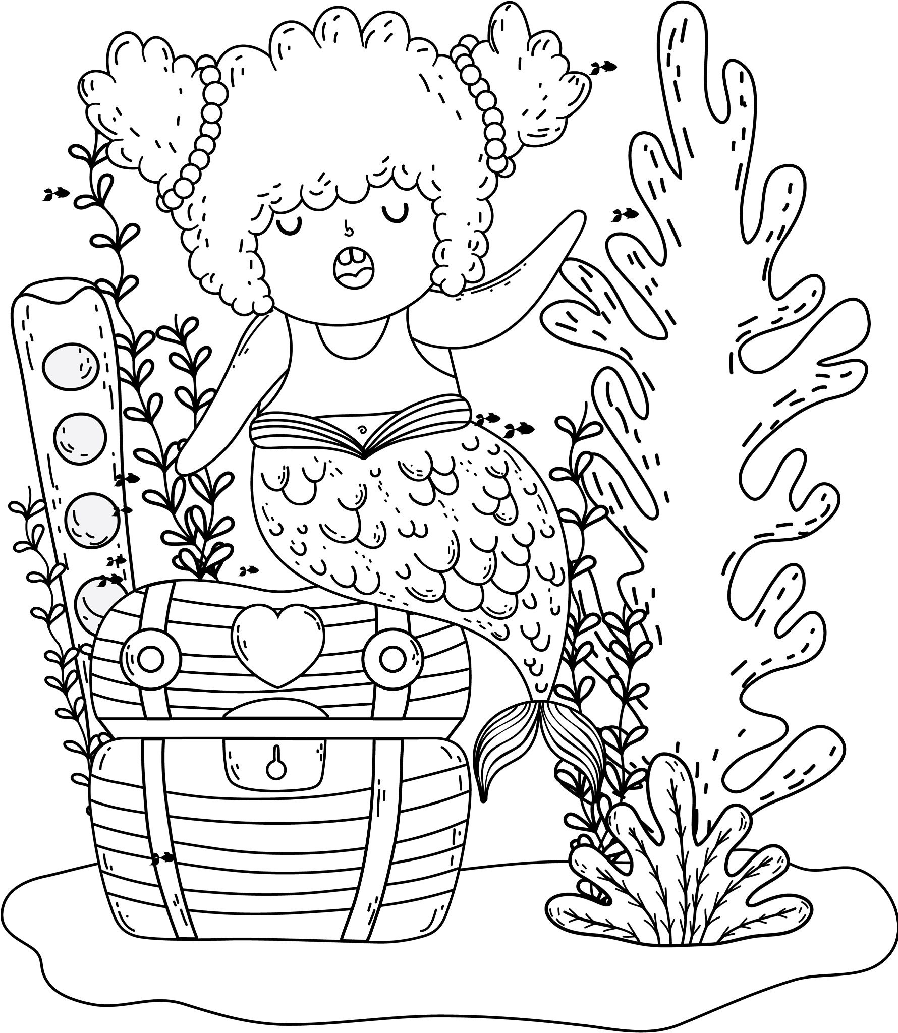 beautiful mermaid with treasure chest and seaweed