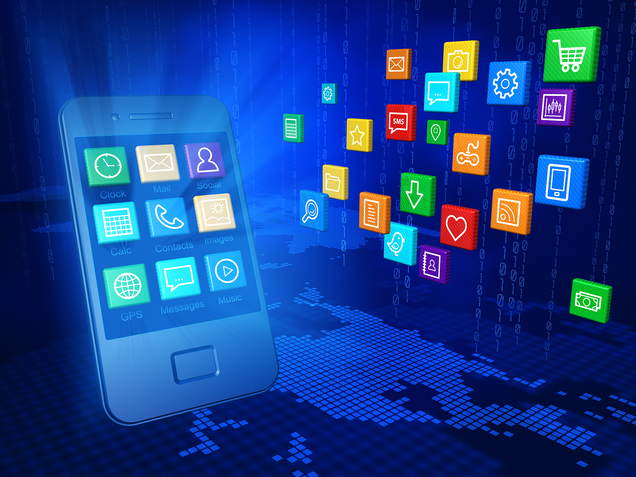 smartphone with cloud of application icons