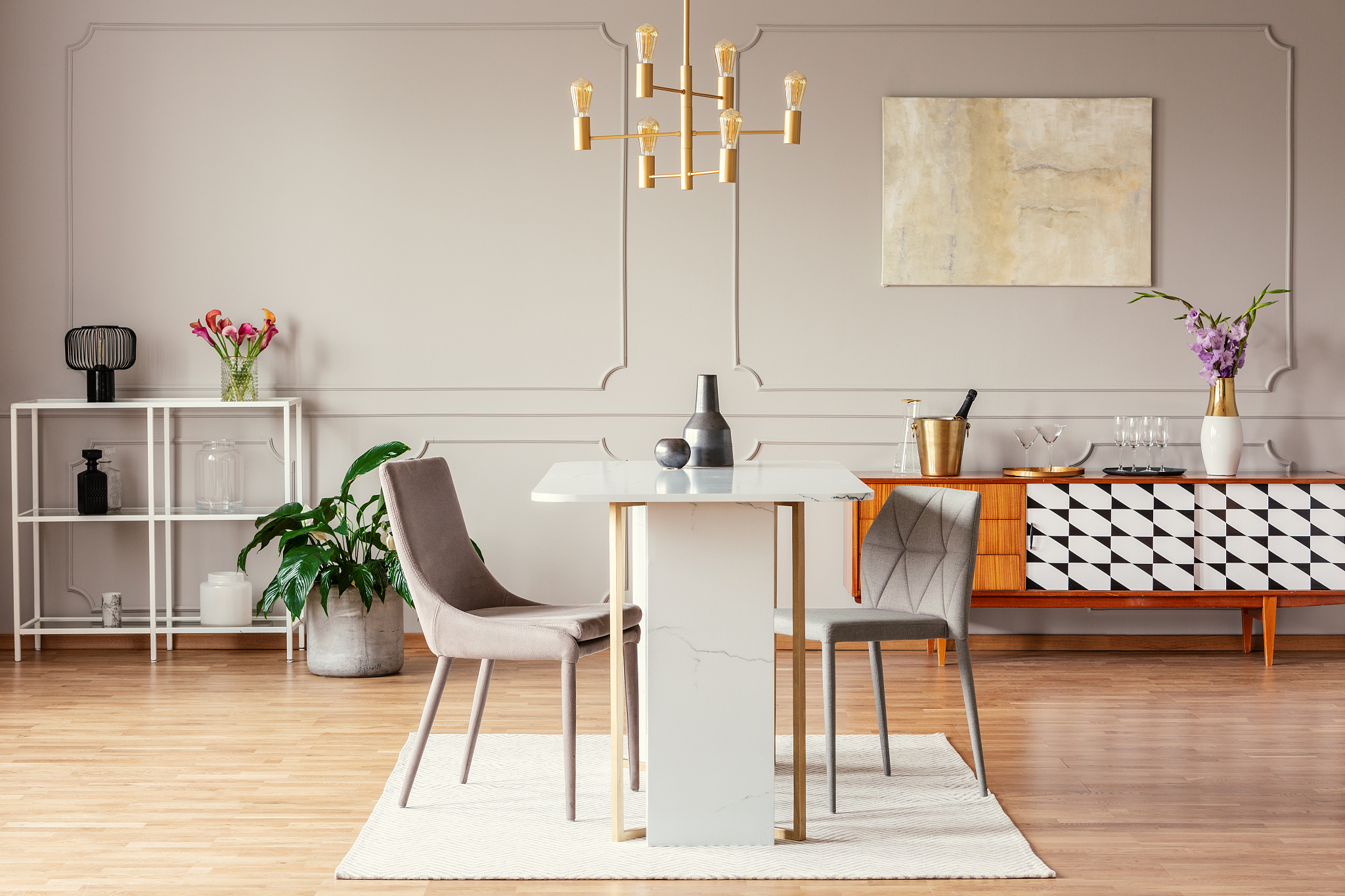 industrial style, golden pendant light above an exceptional marb