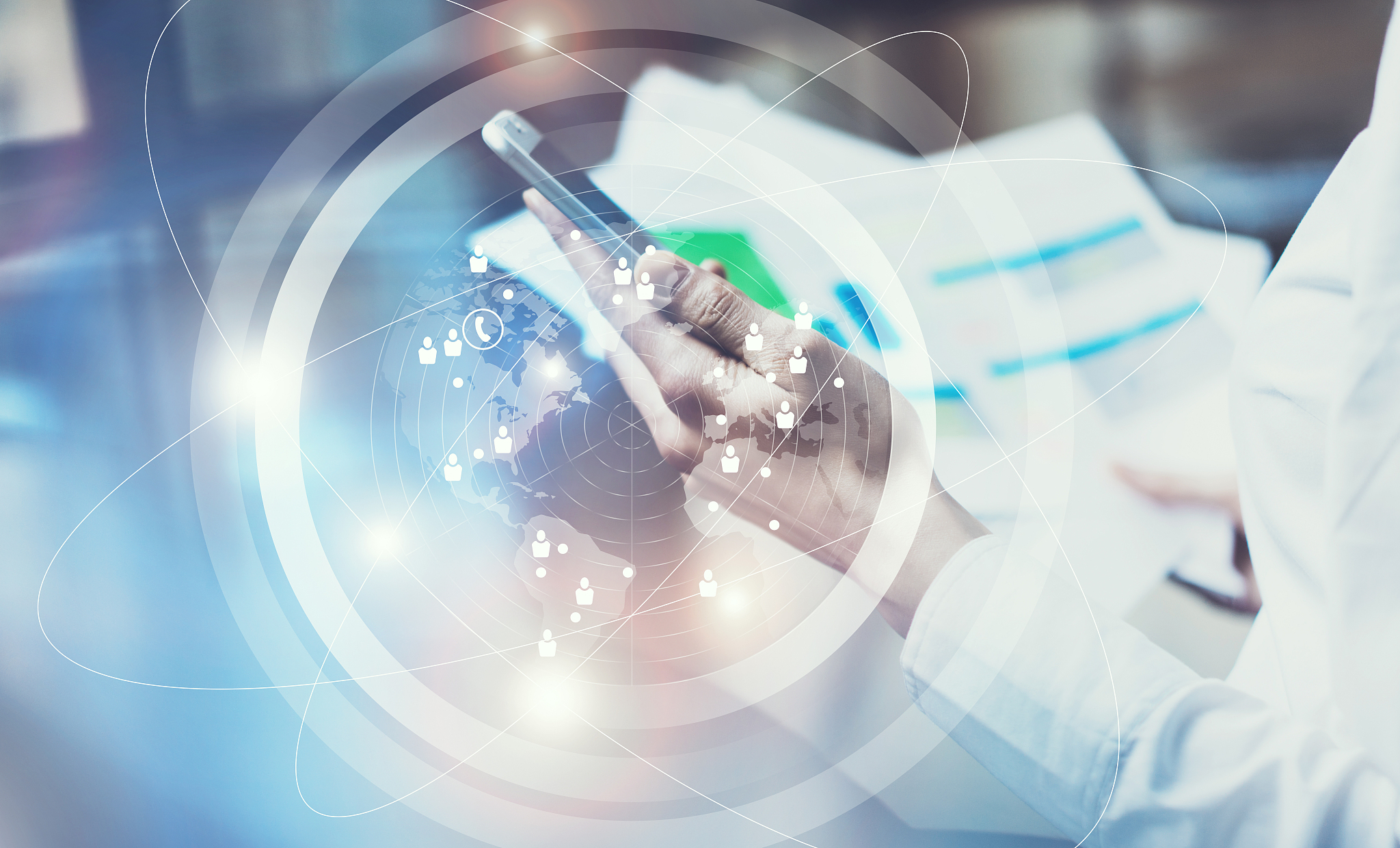image business woman wearing white shirt, touching screen modern
