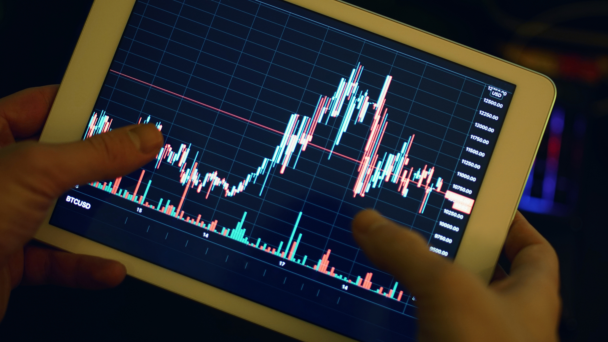 digital tablet mobile stock exchange, bitcoin and us dollars