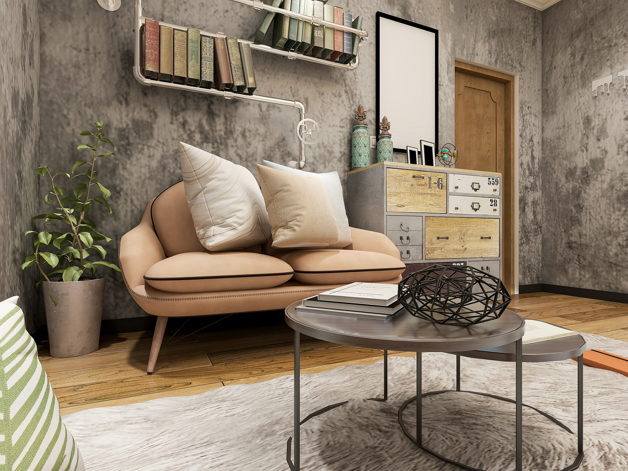 3d rendering, industrial-style residential living room design wi
