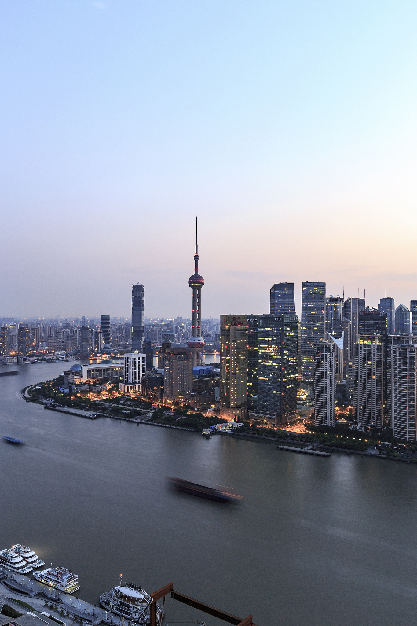 aerial view of downtown shanghai at sunrise
