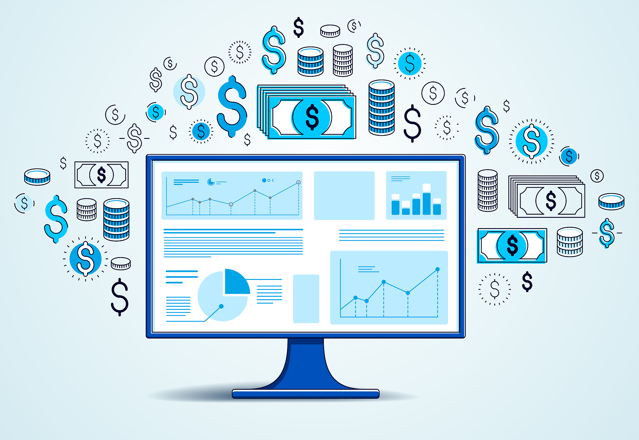 computer monitor with statistics infographics and set of icons, 