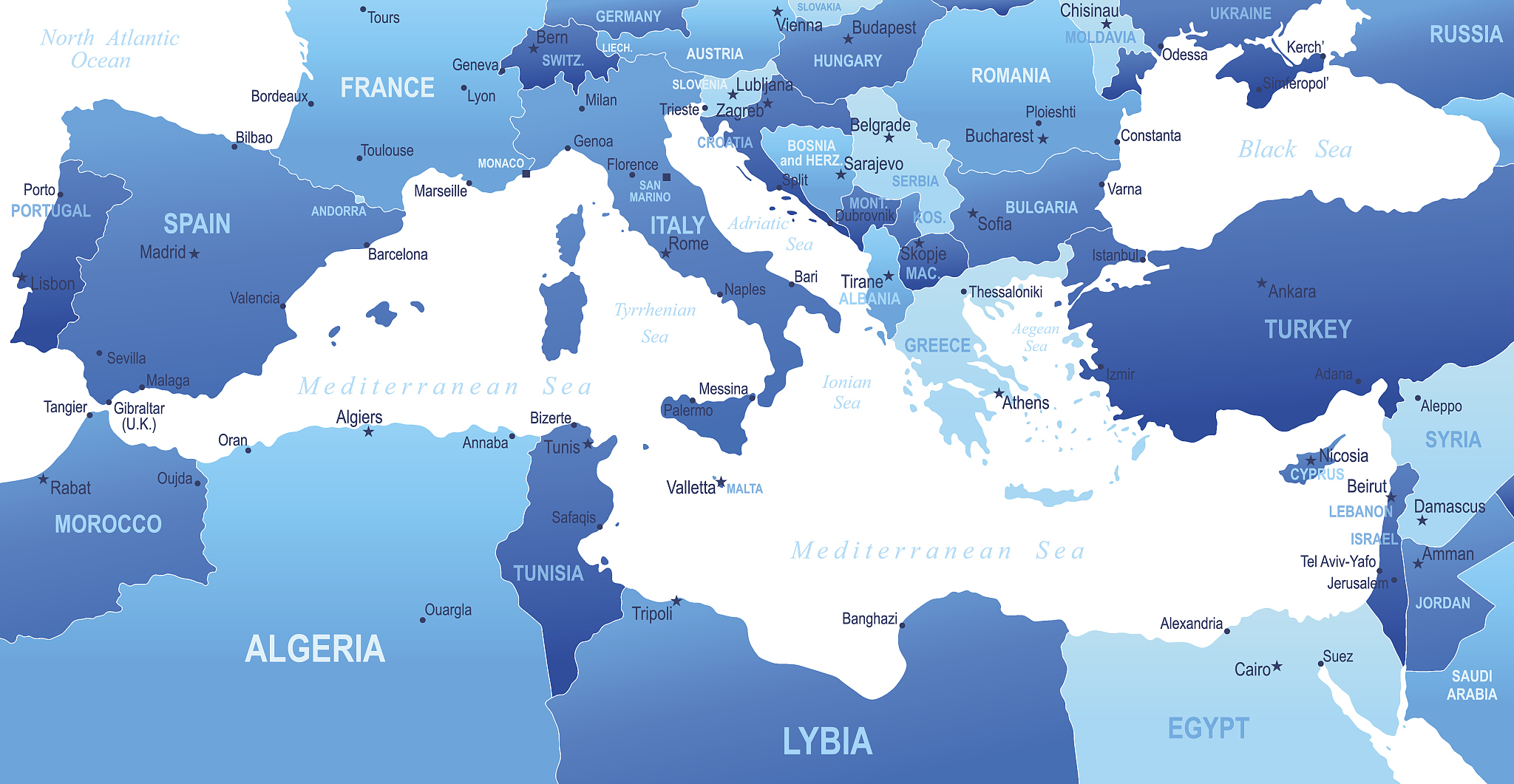 map of mediterranean - states and cities
