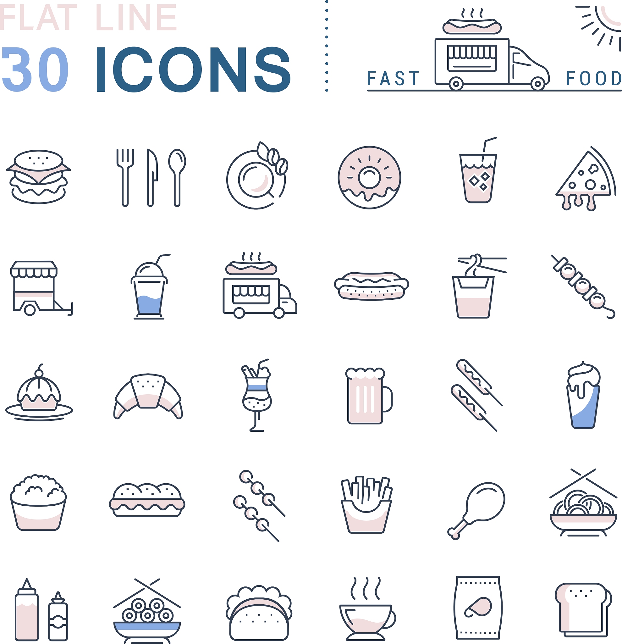 set flat line icons fast food and junk food