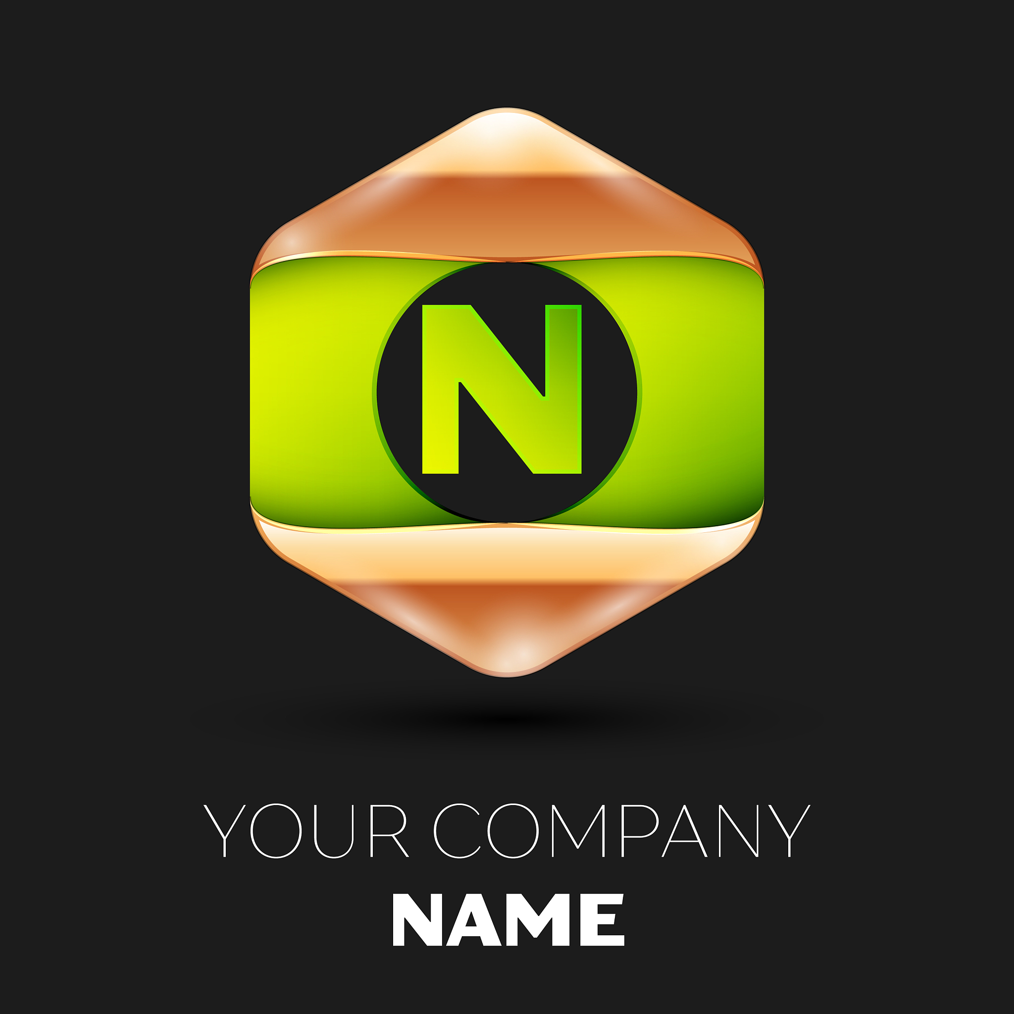 green letter n logo in golden-green hexagonal