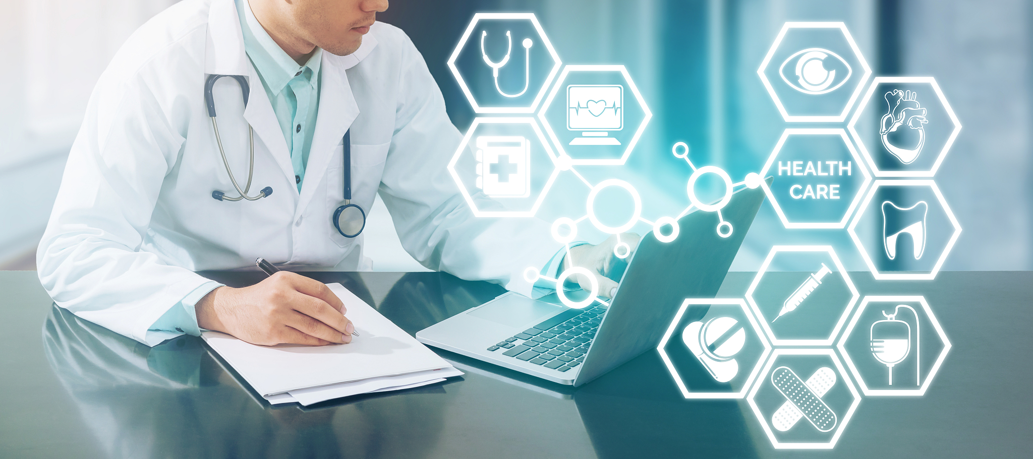 medical concept - doctor on computer with icons