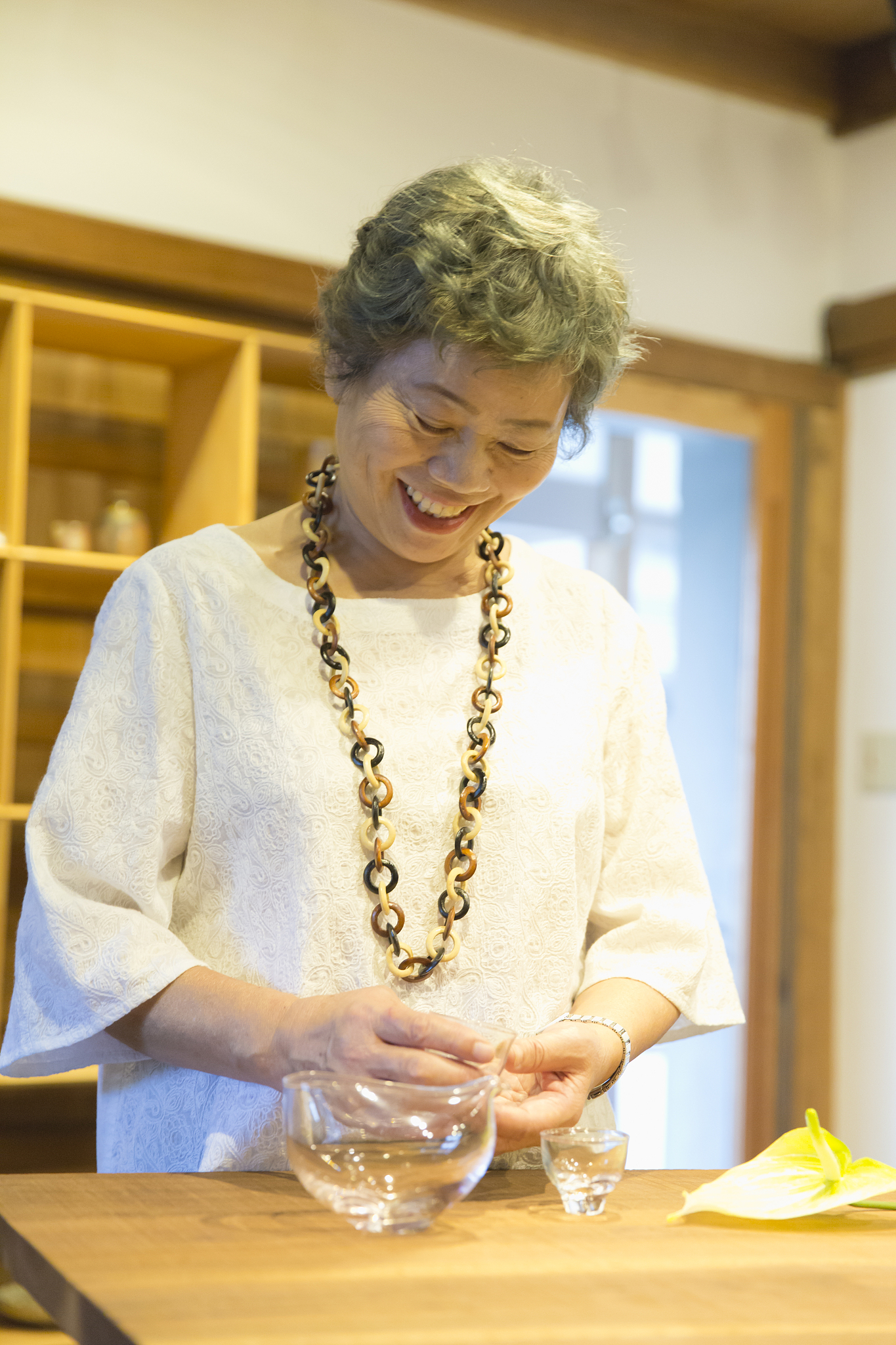 senior woman having products