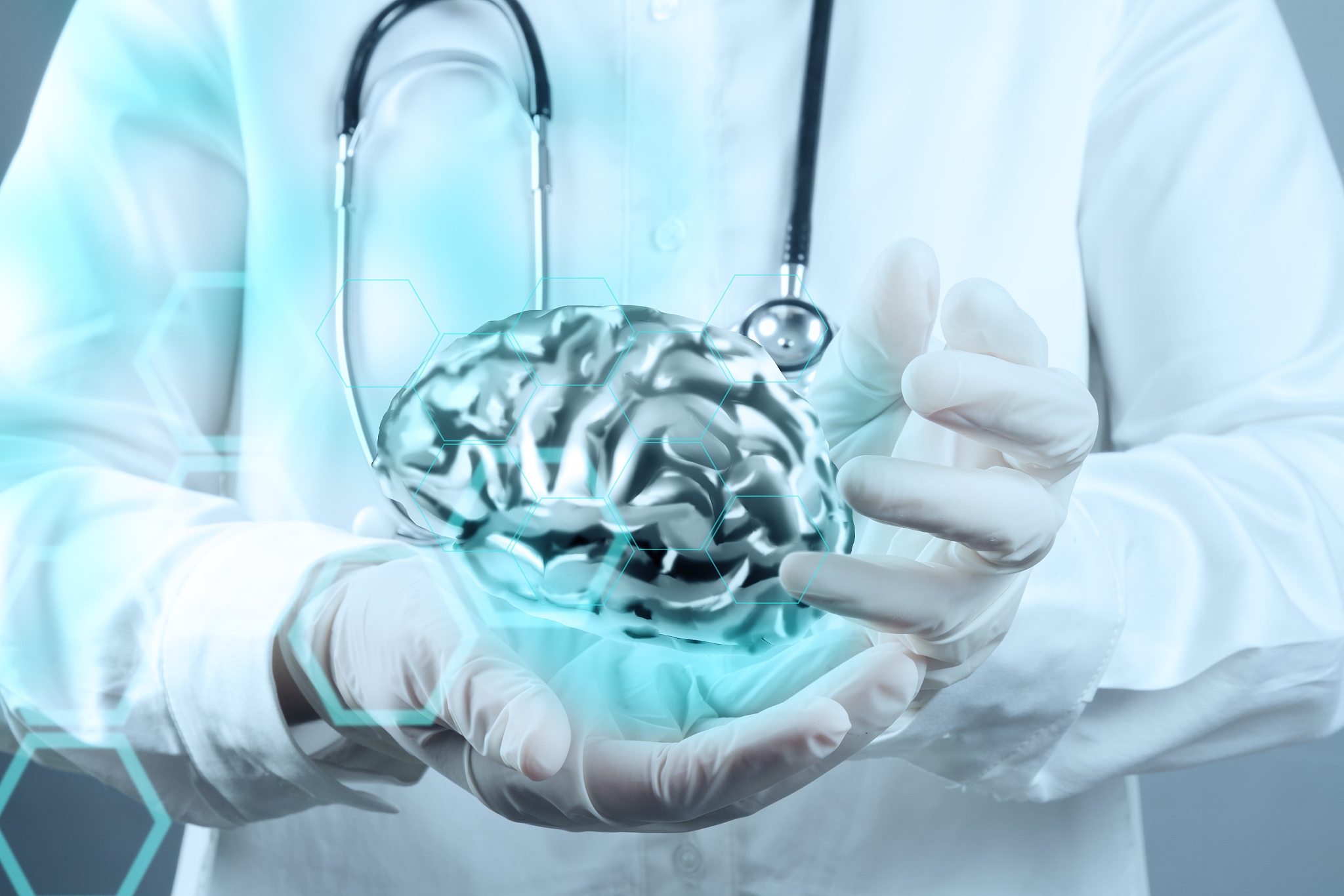 medical  doctor with brain3d meatl in his hands as concept