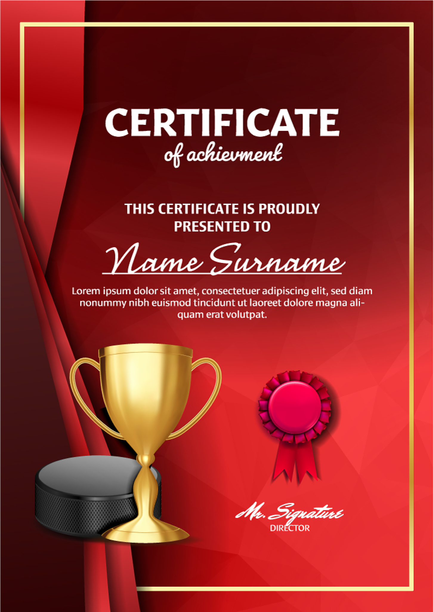 ice hockey certificate diploma with golden cup