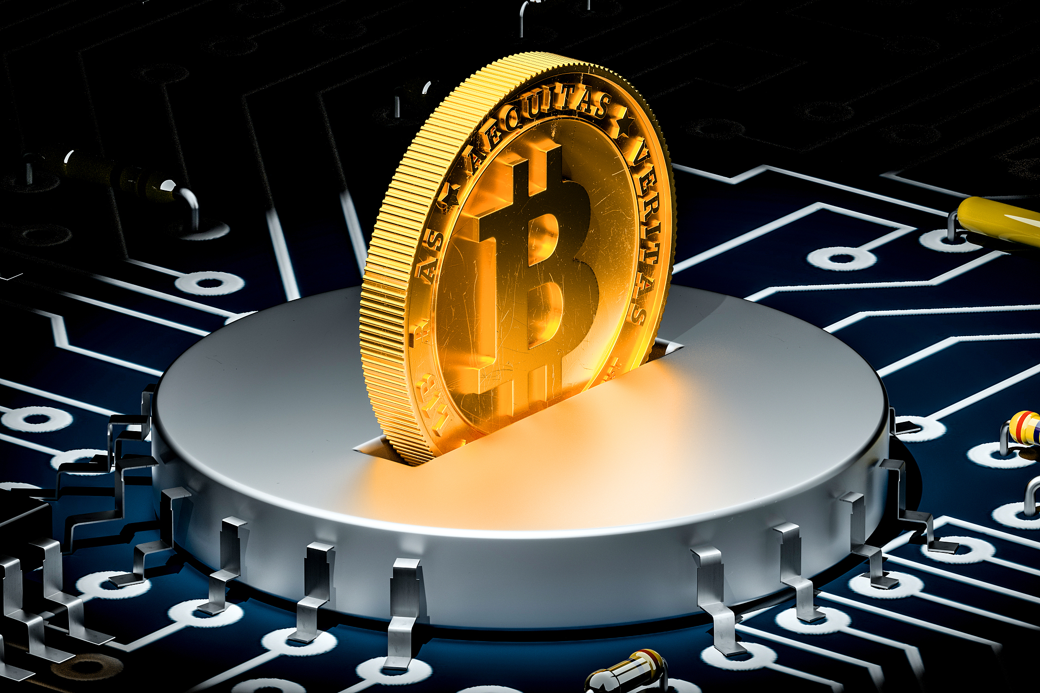 bitcoins on the circuit board