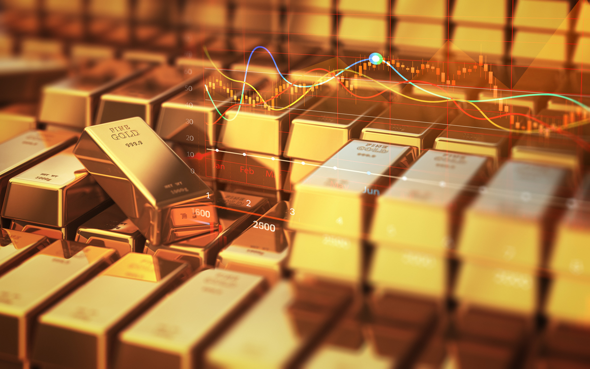 堆叠的金条和金融市场图表——投资与交易概念