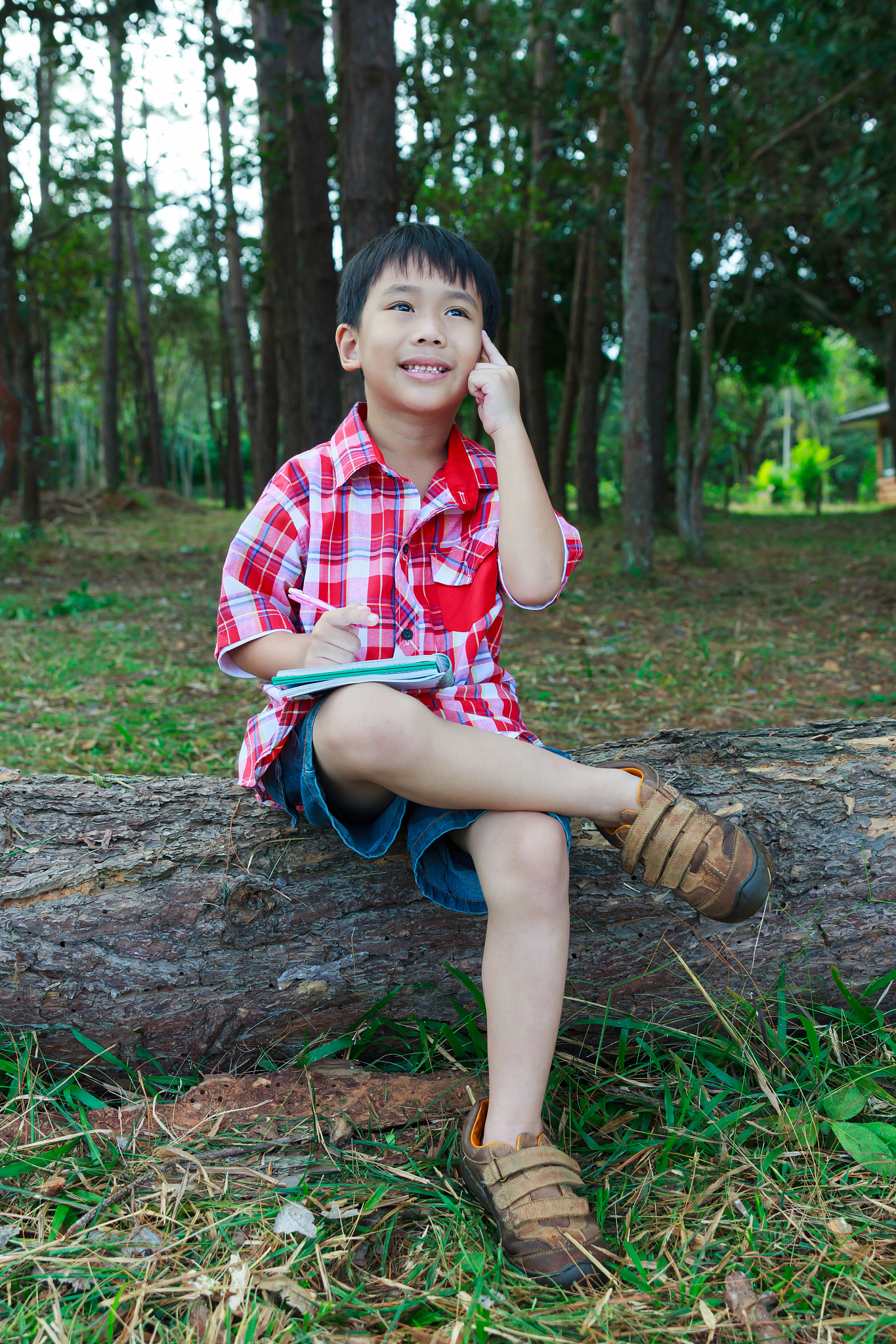 asian boy thinking to solve problem on wooden log.
