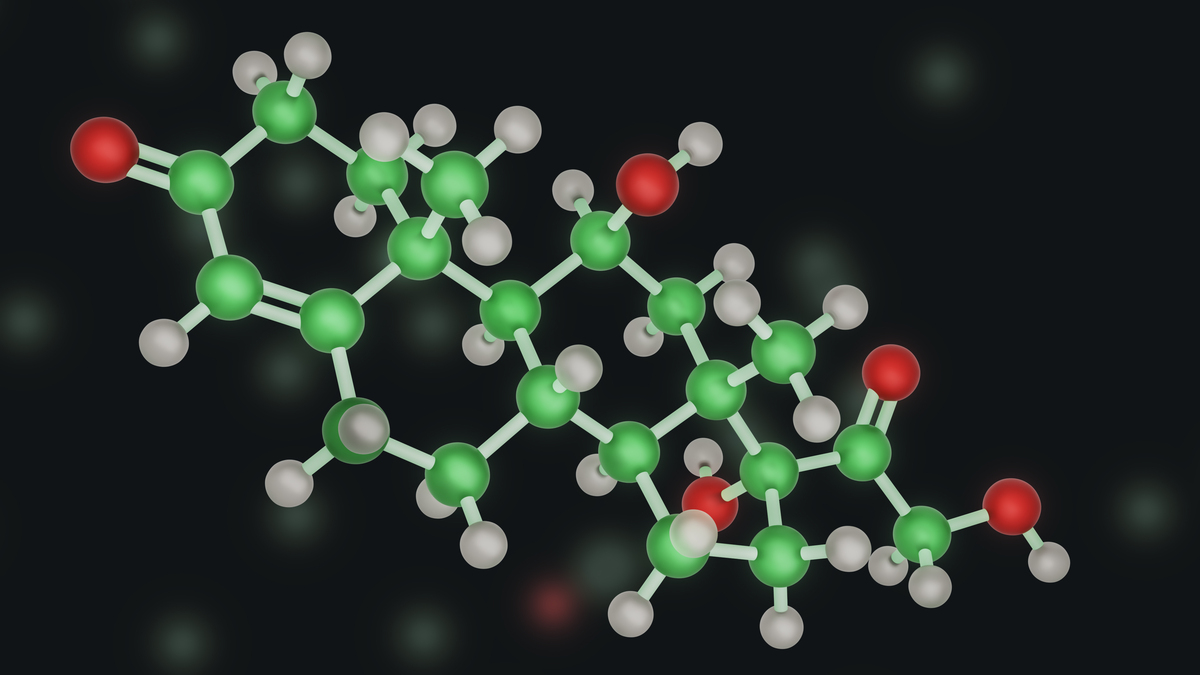皮质醇分子在生物环境中,原子呈绿色.氢化可的松,糖,.
