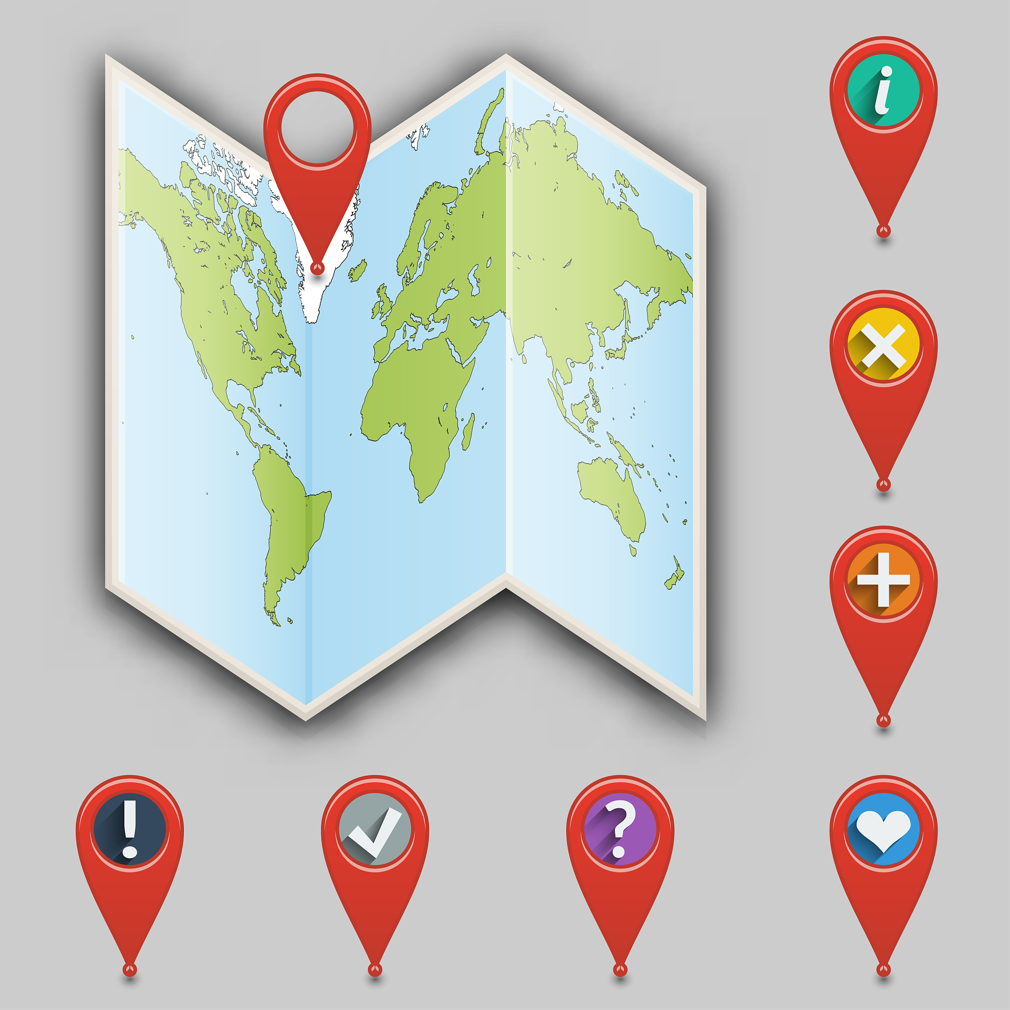 icon of map and set of different pointers.