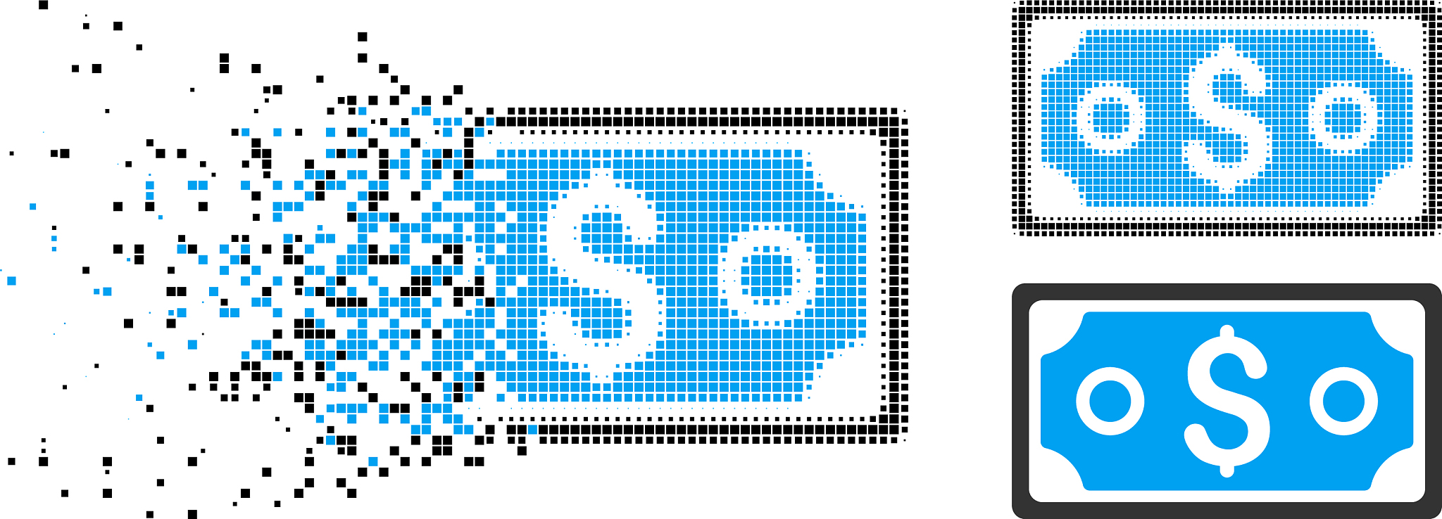 broken pixel halftone dollar banknote icon