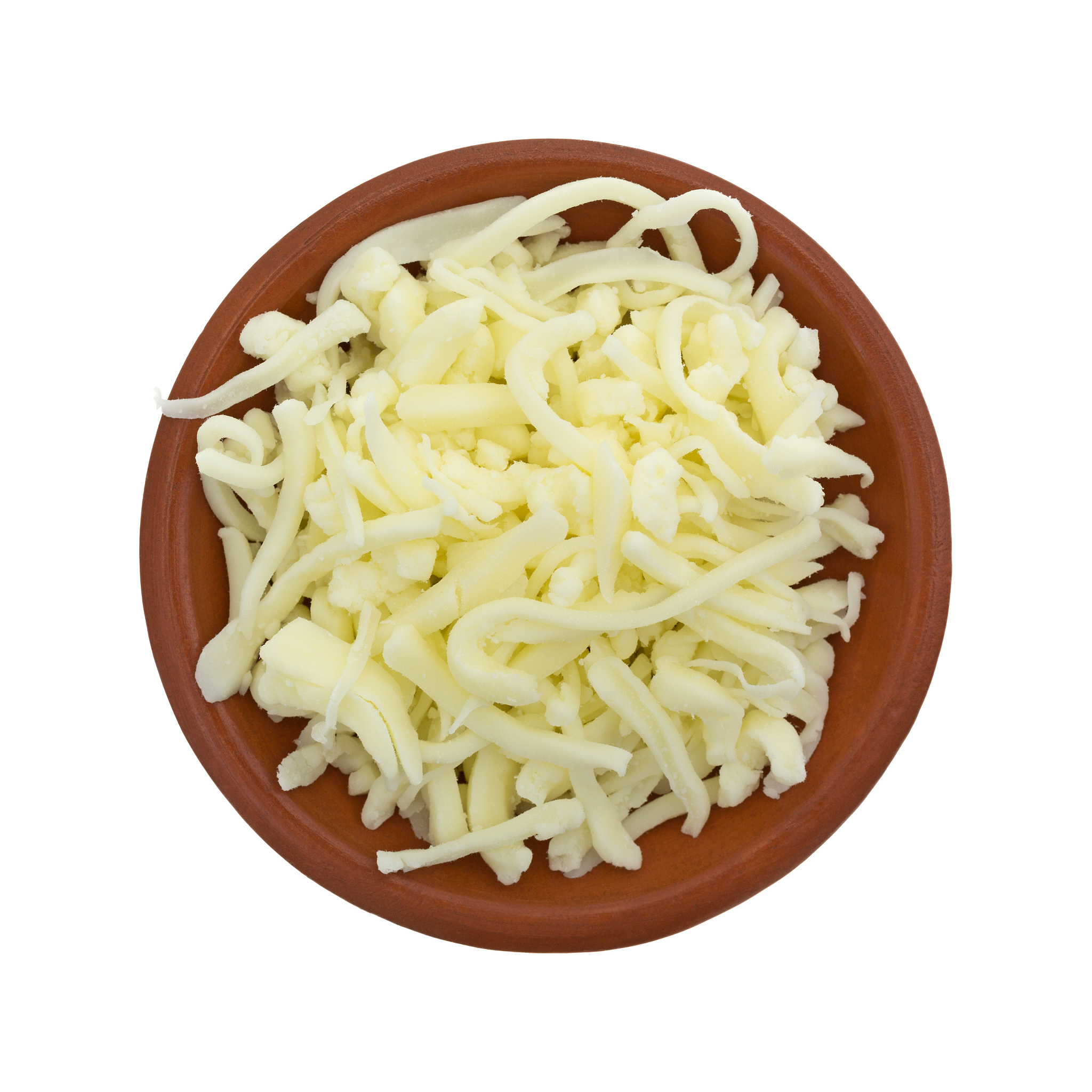 pizza cheese in a small bowl on white background