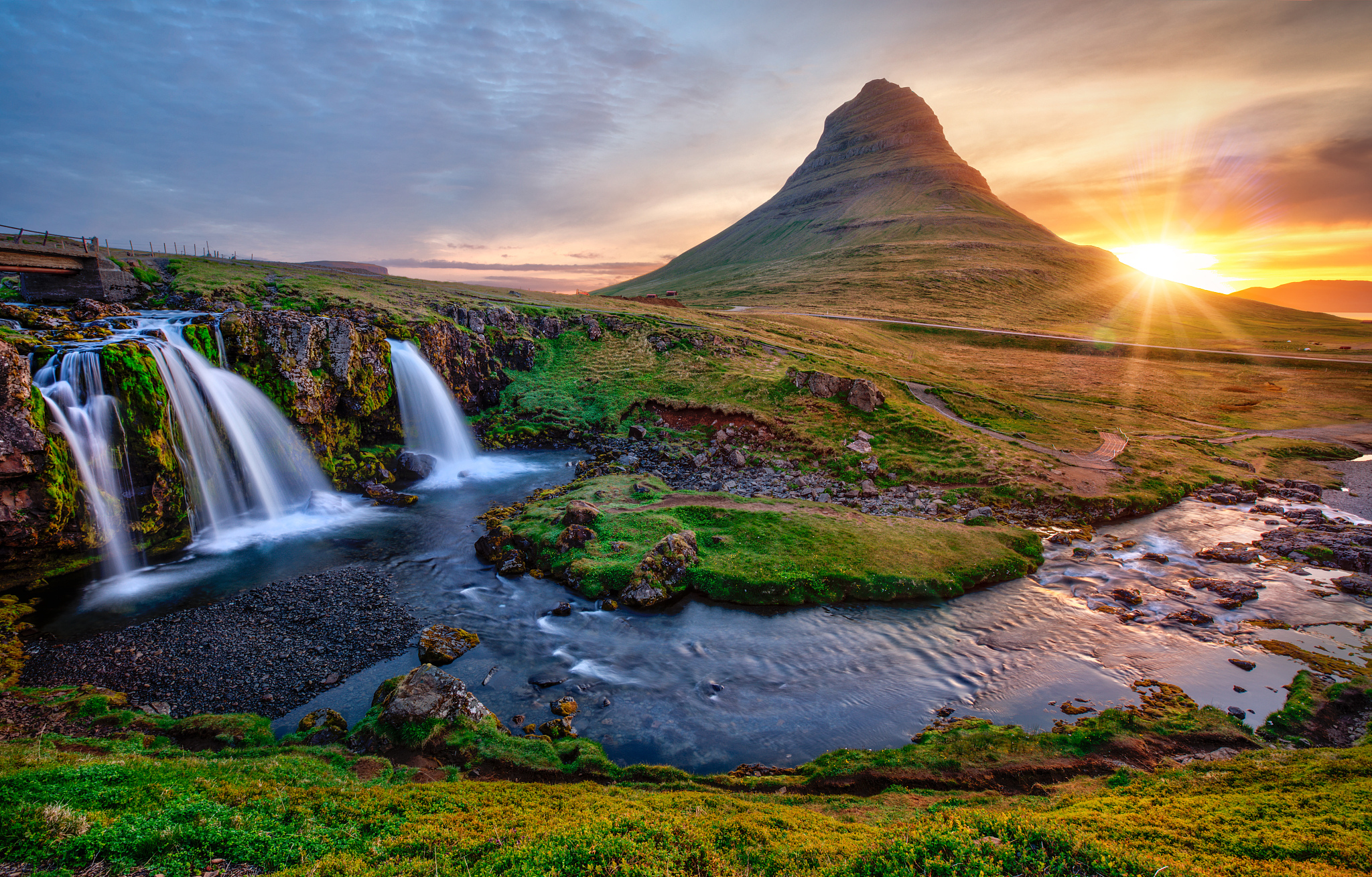 beautiful landscape with sunrise on kirkjufellsfoss waterfall an