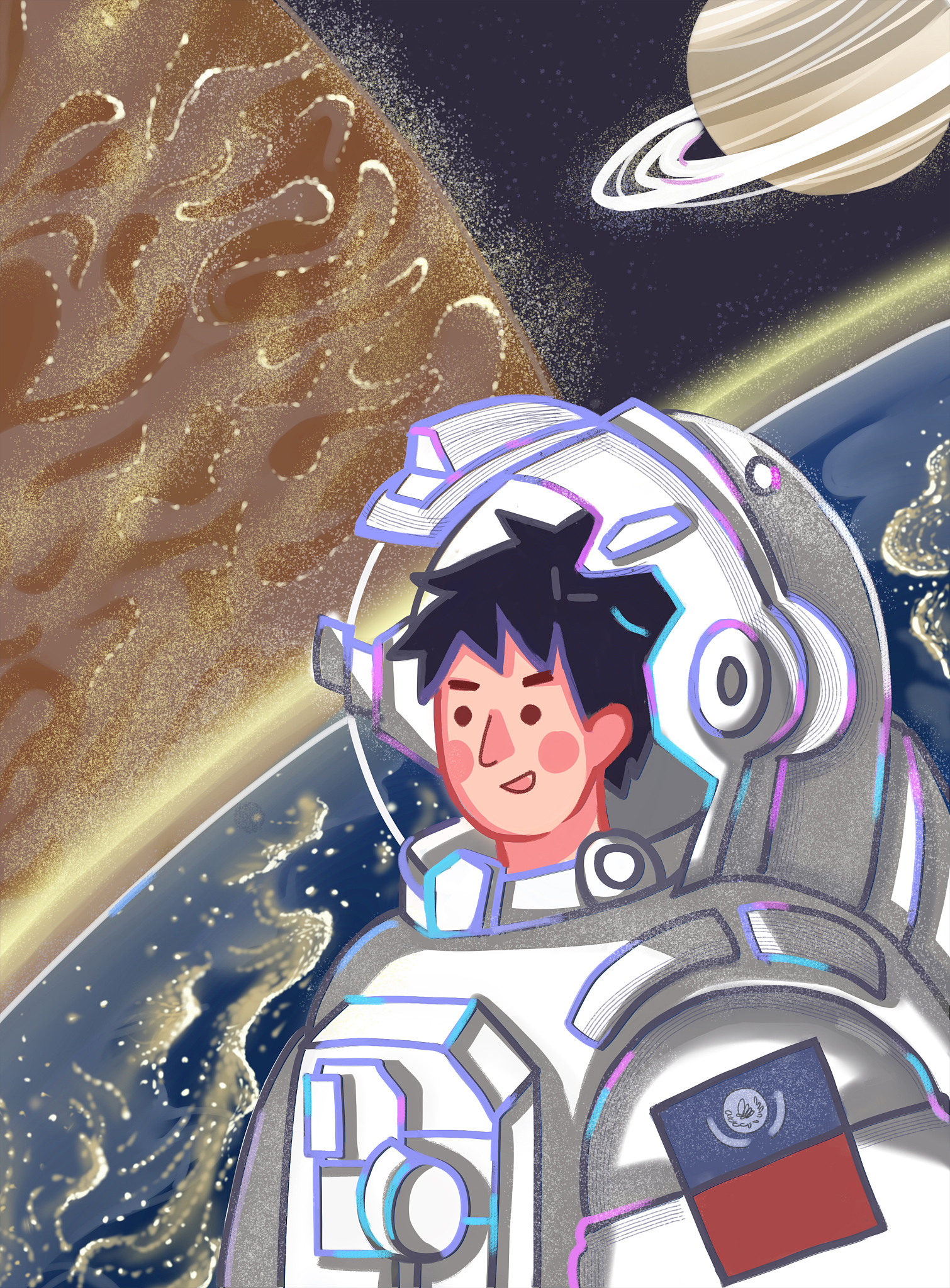 绘画作品创意说明300字以内。题目：彗星未来图中有一个人坐在充满科技感的车漂浮在太空中旁边还有人坐在行星。