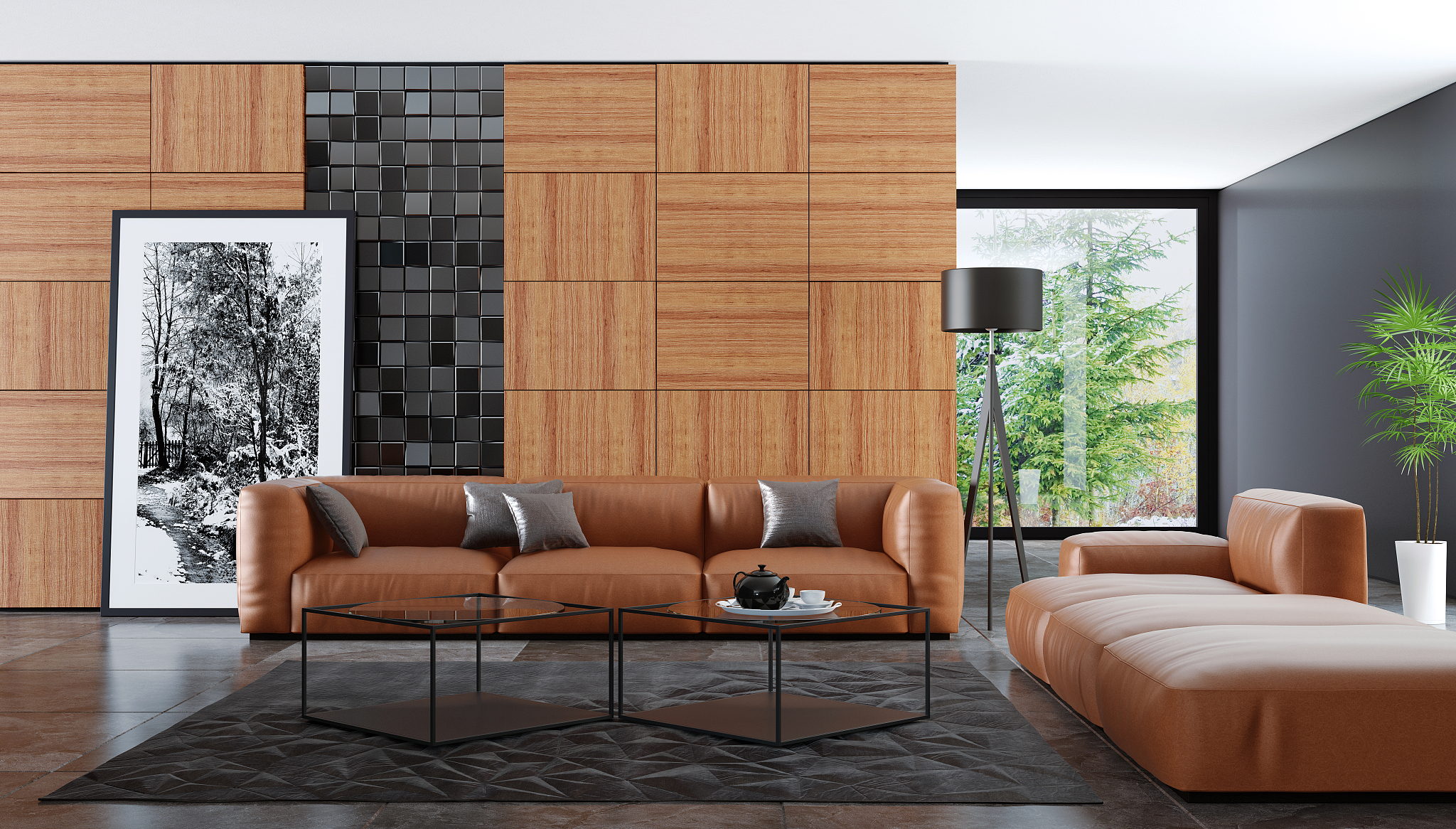 contemporary dark minimalist living room interior