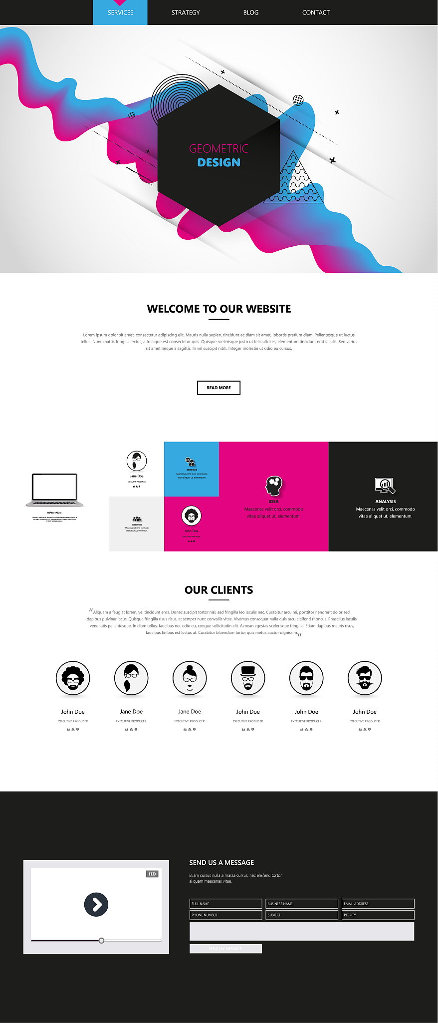 one page website template with abstract header design.