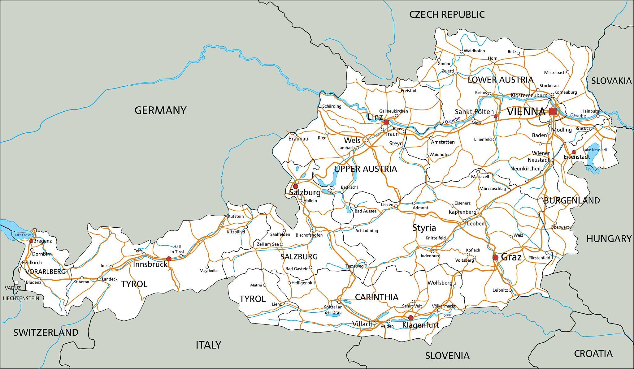 high detailed austria road map with labeling.