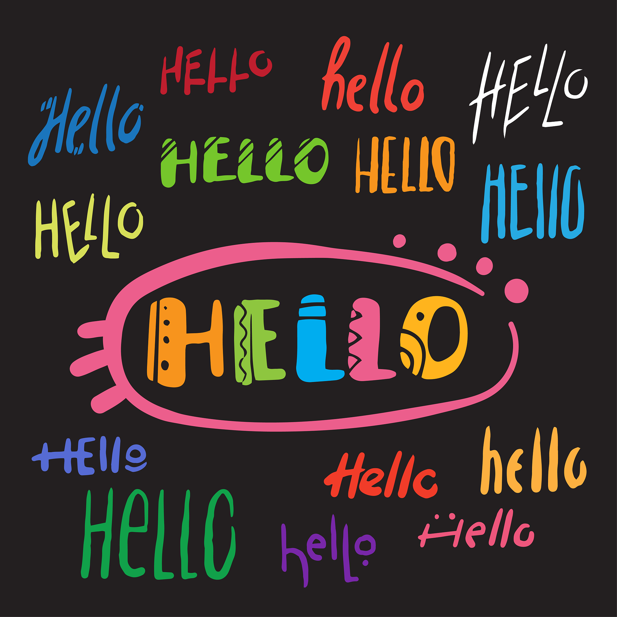 hello set, isolated, hand drawn colorful lettering,