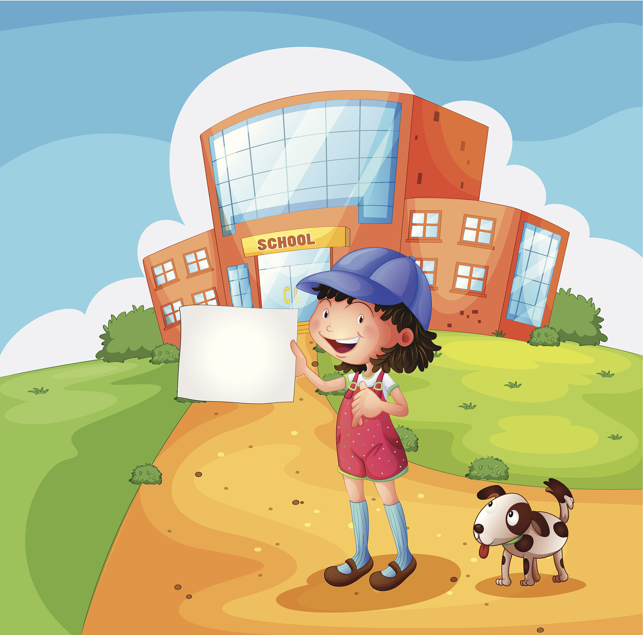 child with paper standing in front of the school