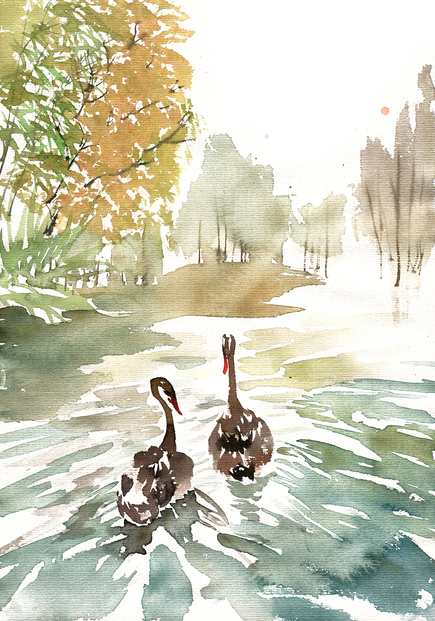 翻译：Goose goose goose with a curved neck singing to the sky White feathers floating on the green water red palms stirring the clear waves