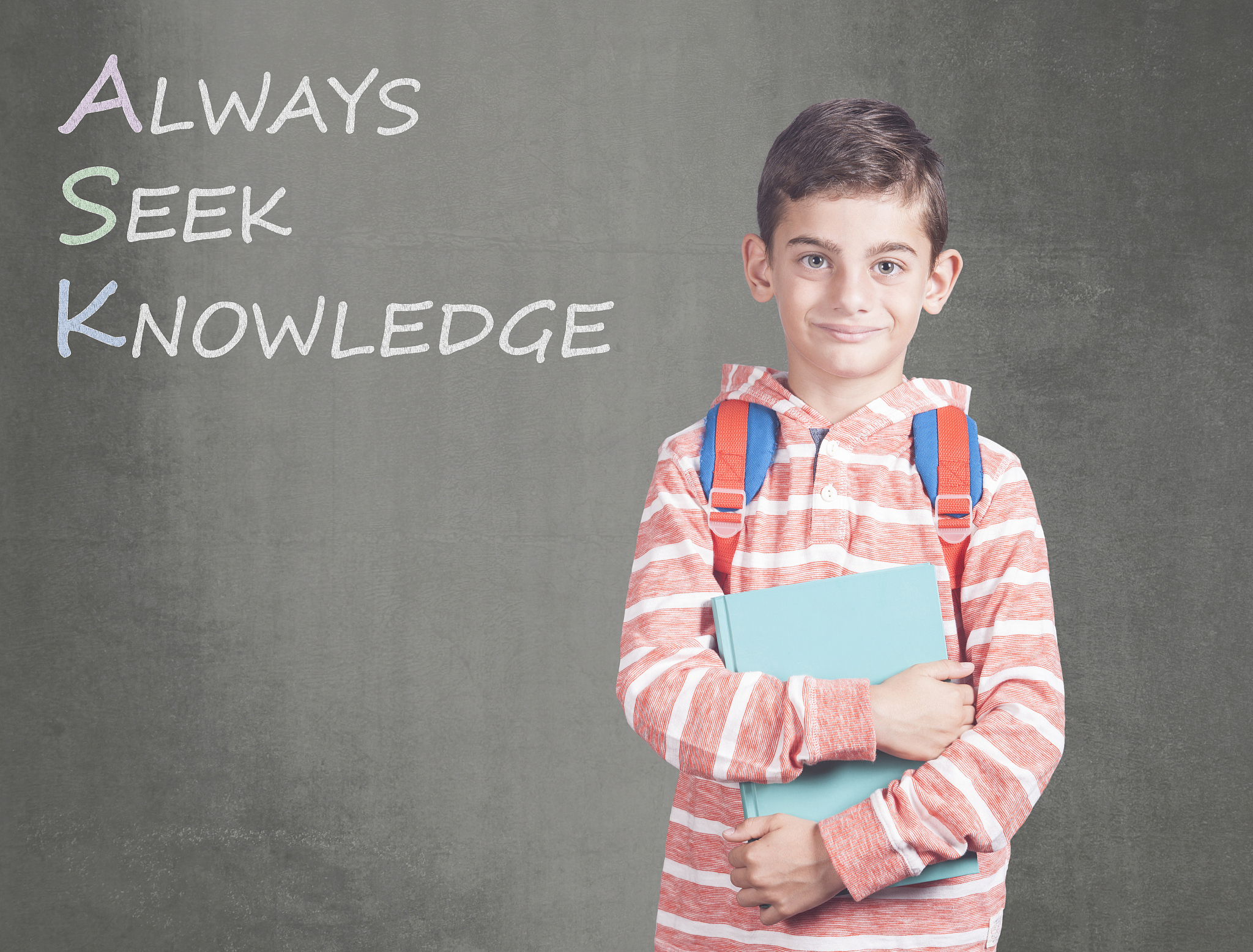 happy school boy with always seek knowledge quote