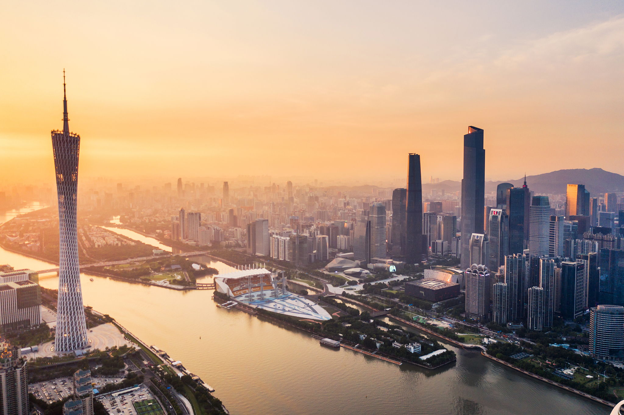 city sunset with red sky,guangzhou