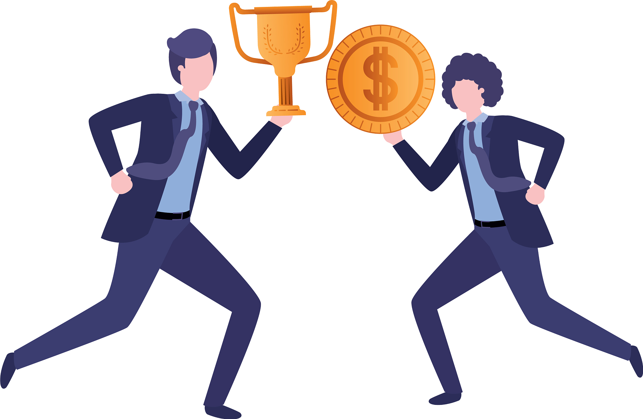 businessmen with trophy and coin character