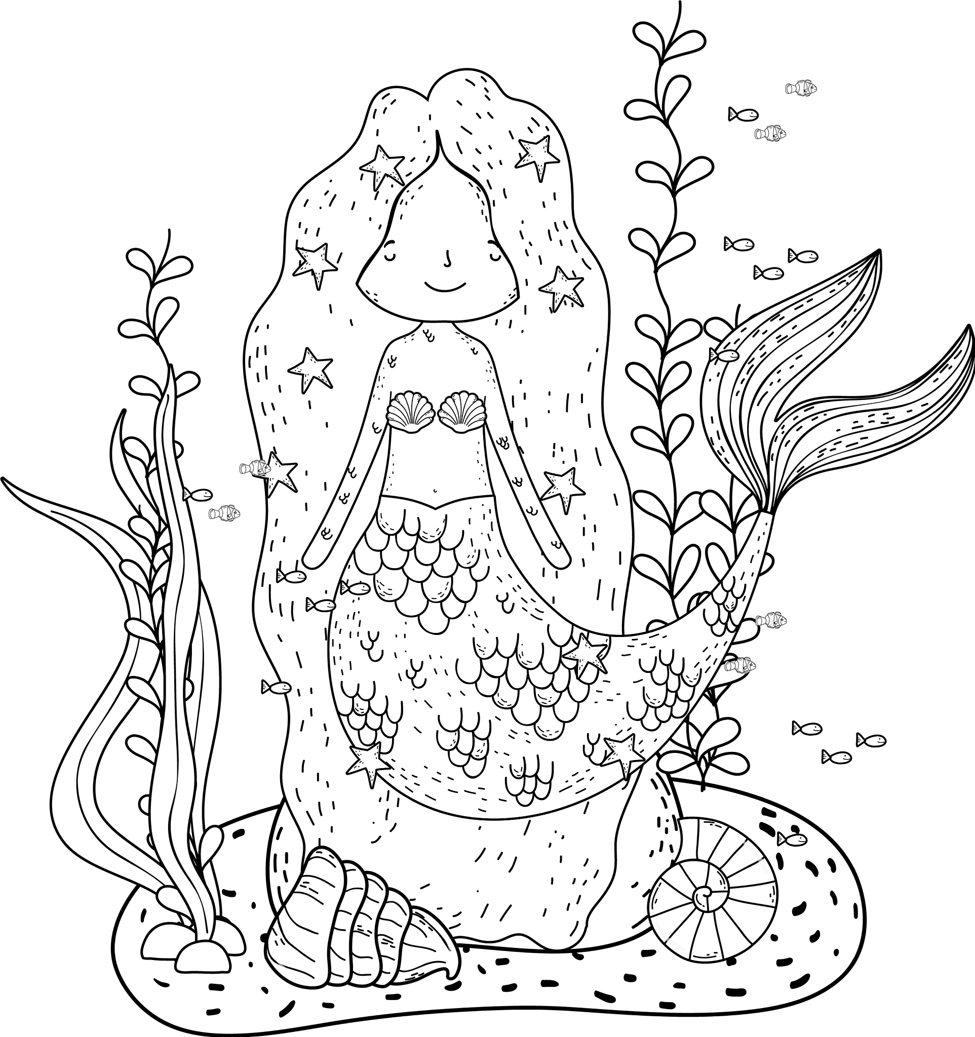 cute mermaid under sea with seaweed