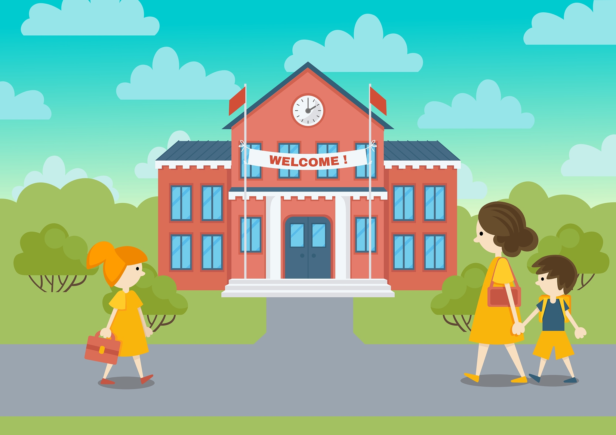 school building and schoolchild