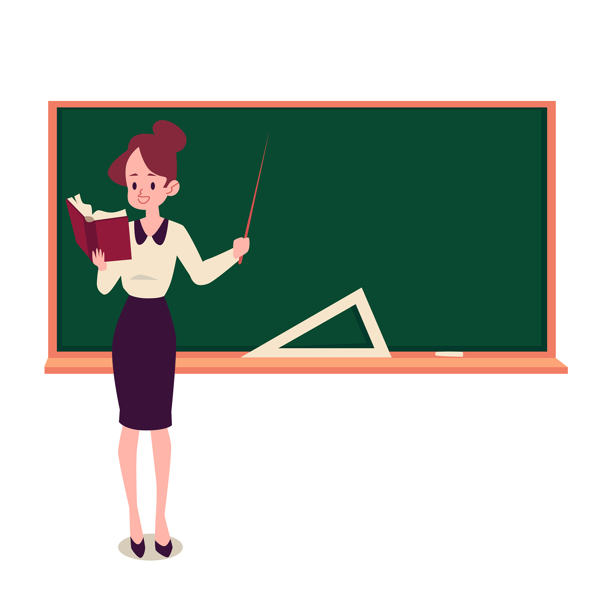 female teacher stands at blackboard holding book